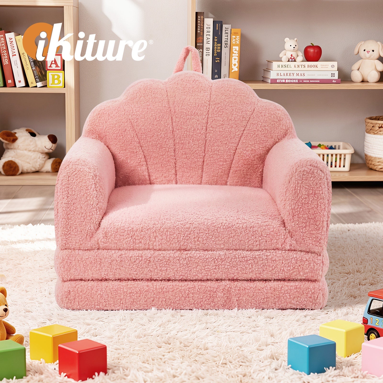 Oikiture 2-in-1 Shell Kids Fold Out Sofa Bed Sherpa Boucle Toddler Couch Pink