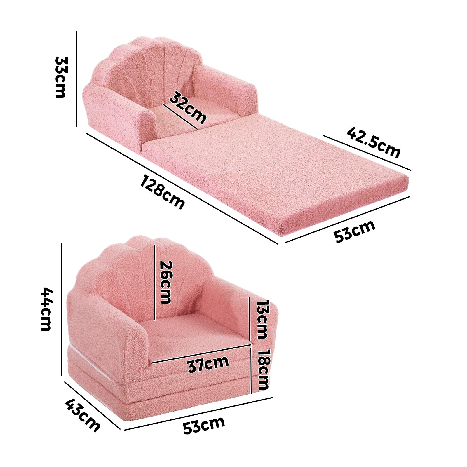 Oikiture 2-in-1 Shell Kids Fold Out Sofa Bed Sherpa Boucle Toddler Couch Pink