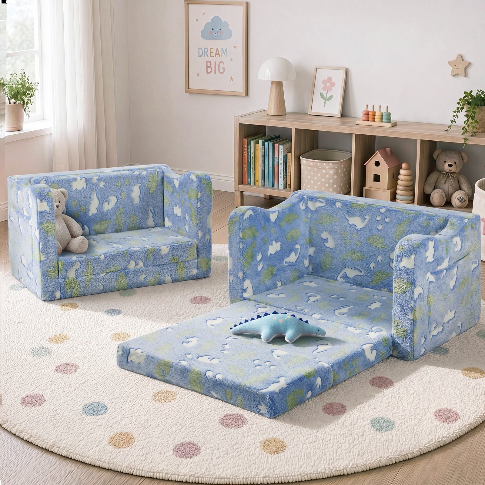 Oikiture 2-in-1 Kids Fold Out Sofa Bed Dinosaur Flannel Toddler Couch Chair Blue