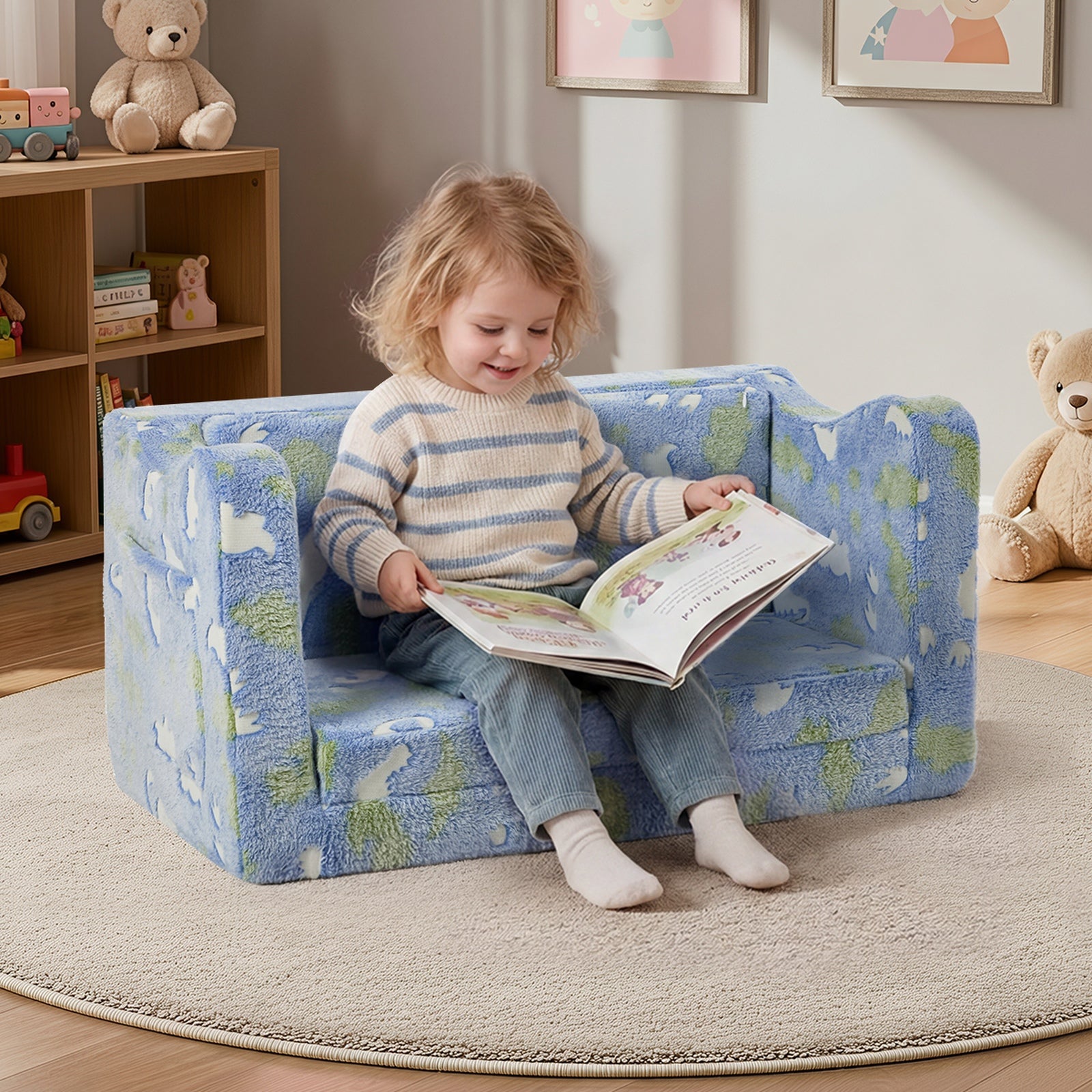 Oikiture 2-in-1 Kids Fold Out Sofa Bed Dinosaur Flannel Toddler Couch Chair Blue