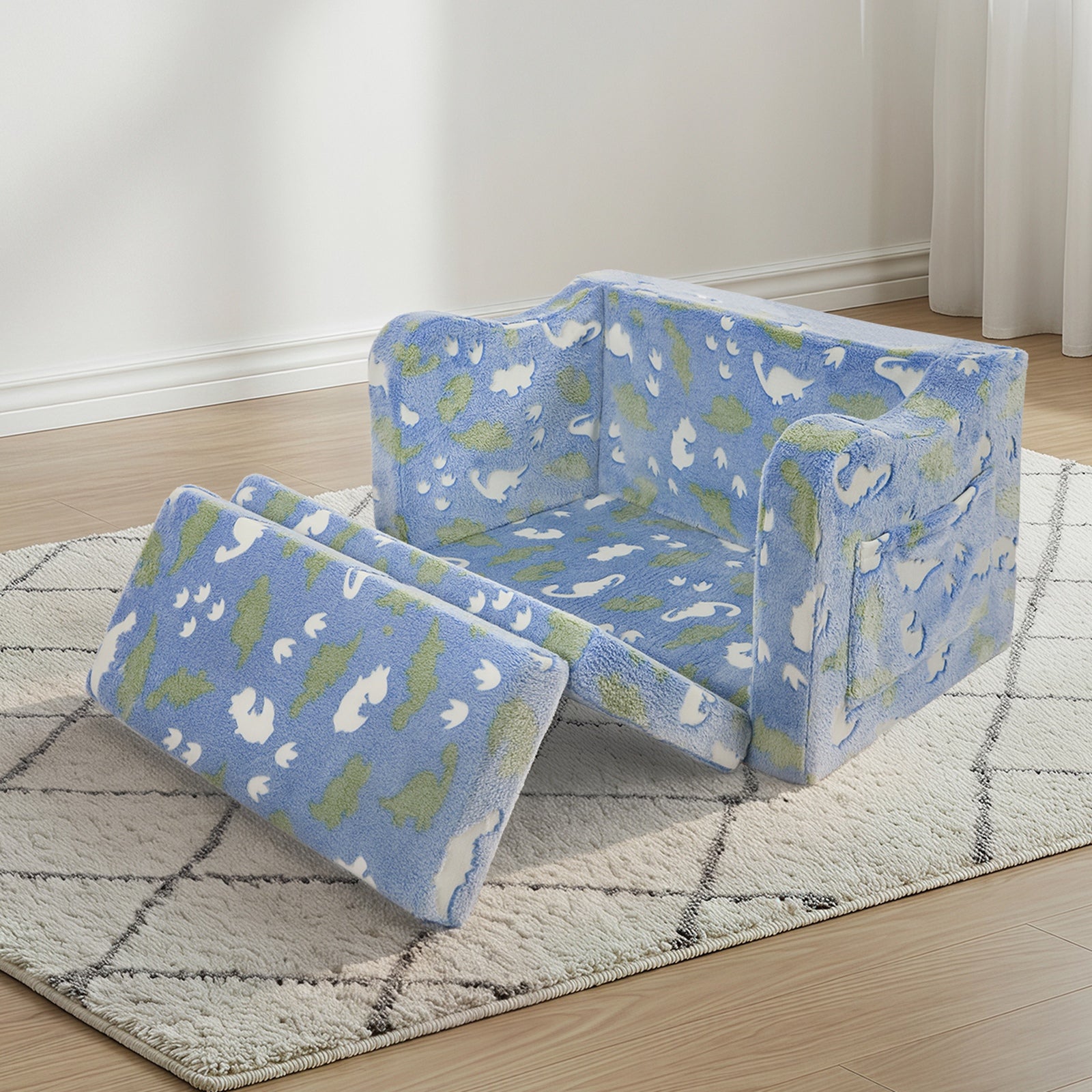 Oikiture 2-in-1 Kids Fold Out Sofa Bed Dinosaur Flannel Toddler Couch Chair Blue