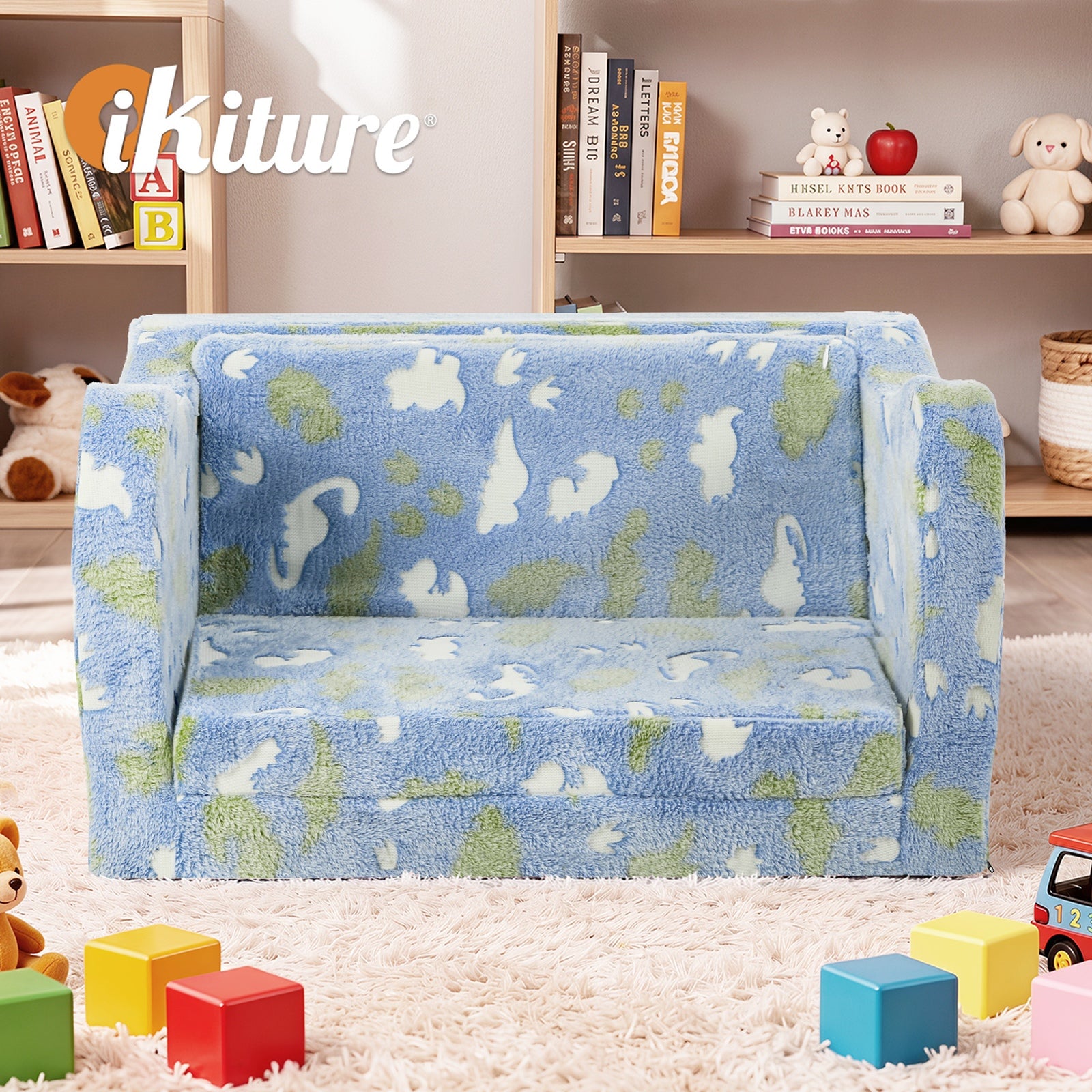 Oikiture 2-in-1 Kids Fold Out Sofa Bed Dinosaur Flannel Toddler Couch Chair Blue