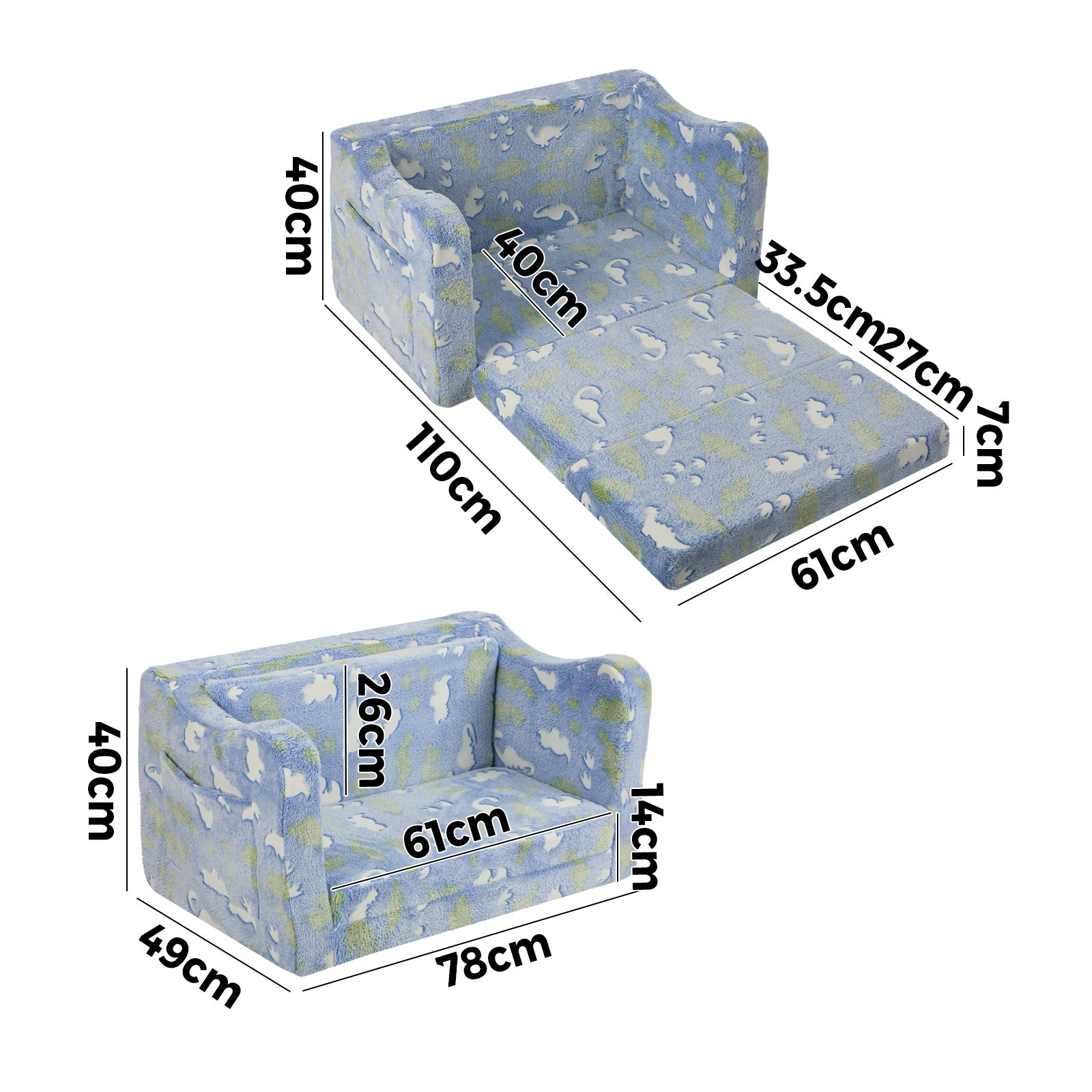 Oikiture 2-in-1 Kids Fold Out Sofa Bed Dinosaur Flannel Toddler Couch Chair Blue