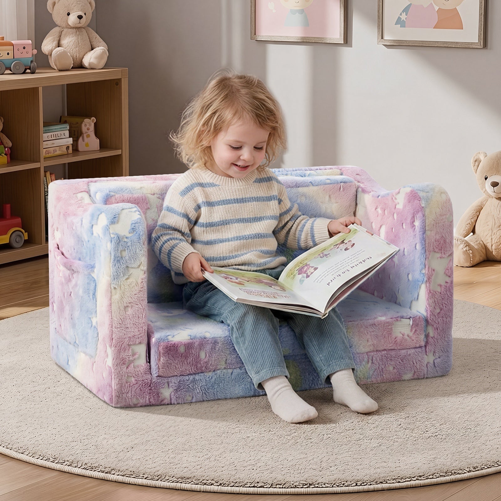 Oikiture 2-in-1 Kids Fold Out Sofa Bed Dinosaur Flannel Toddler Couch Chair Pink