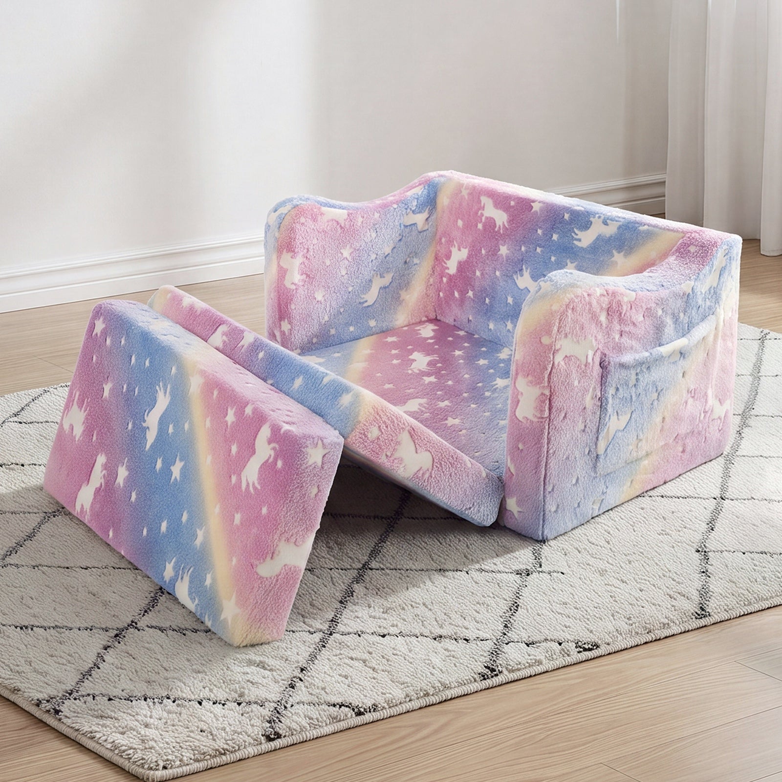 Oikiture 2-in-1 Kids Fold Out Sofa Bed Dinosaur Flannel Toddler Couch Chair Pink