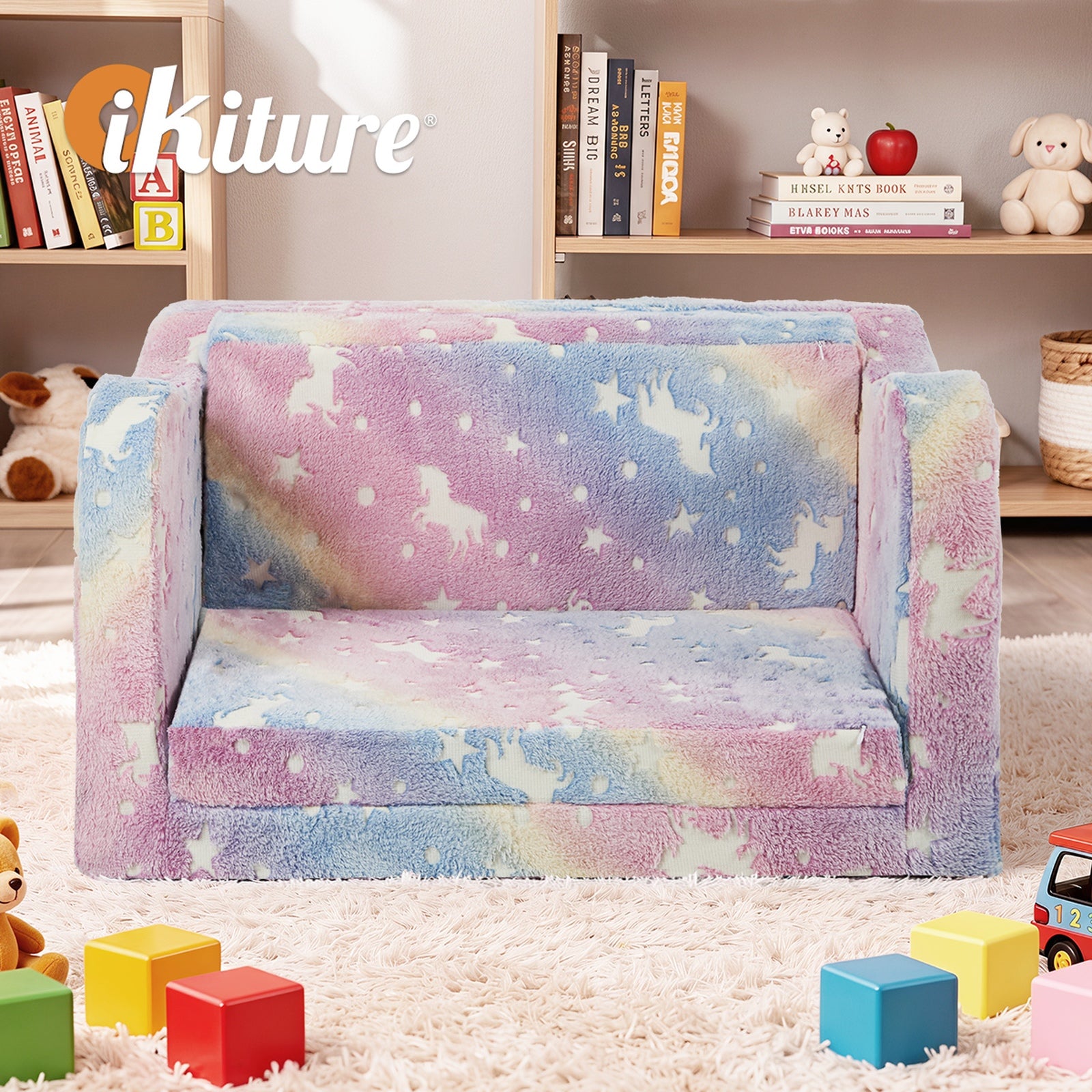 Oikiture 2-in-1 Kids Fold Out Sofa Bed Dinosaur Flannel Toddler Couch Chair Pink