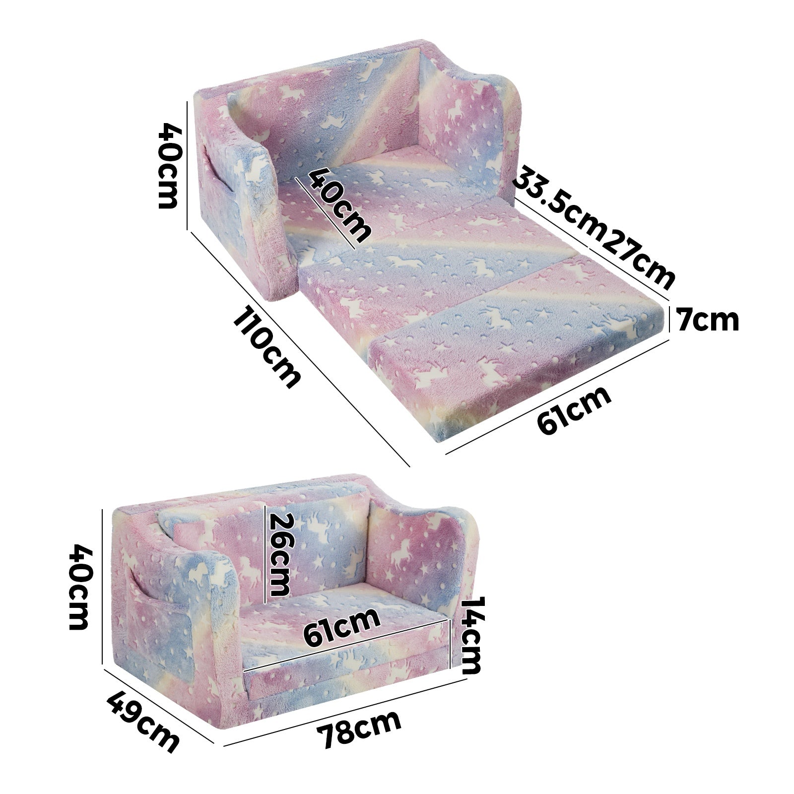 Oikiture 2-in-1 Kids Fold Out Sofa Bed Dinosaur Flannel Toddler Couch Chair Pink