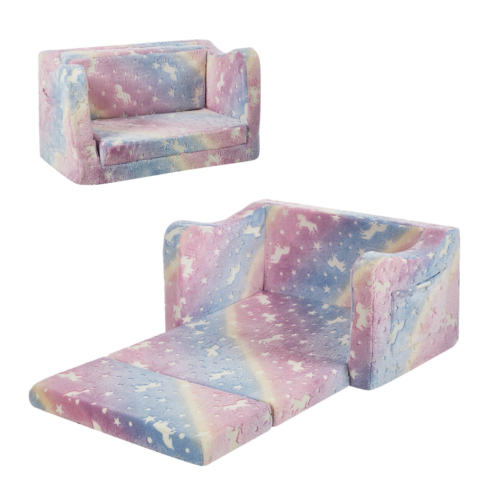 Oikiture 2-in-1 Kids Fold Out Sofa Bed Dinosaur Flannel Toddler Couch Chair Pink