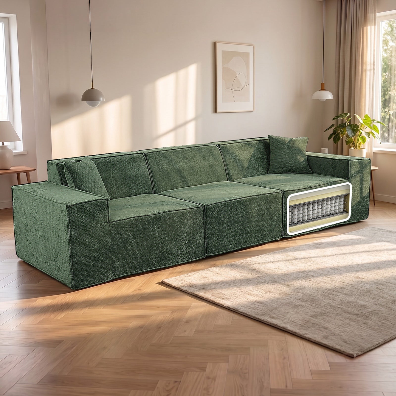 Oikiture 300 cm Modular Sofa Compressed Convertible Couch Lounge Chenille Green