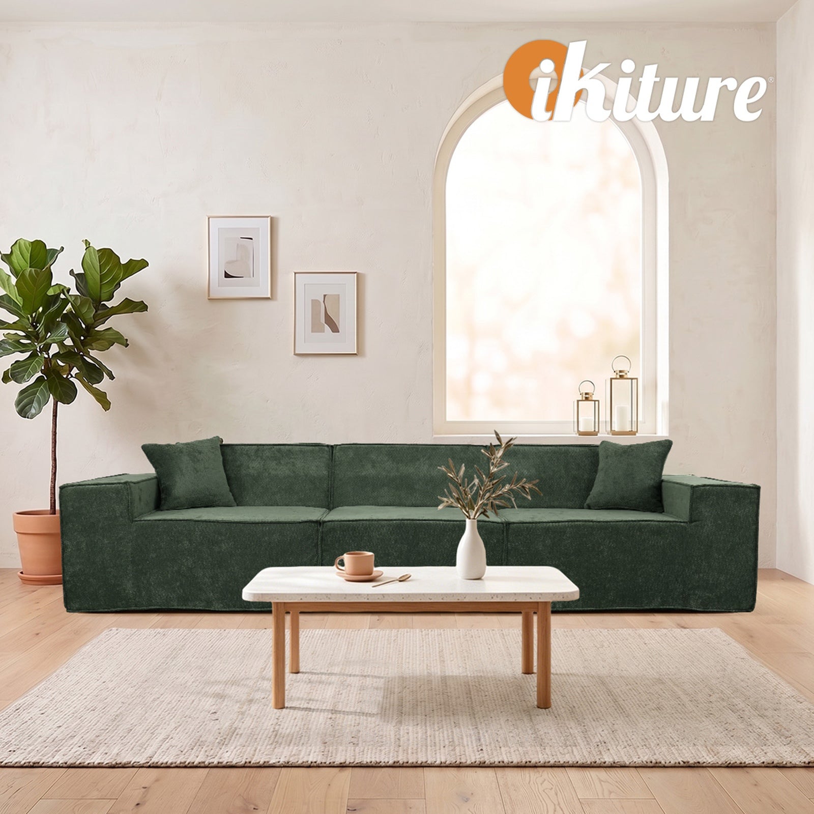 Oikiture 300 cm Modular Sofa Compressed Convertible Couch Lounge Chenille Green