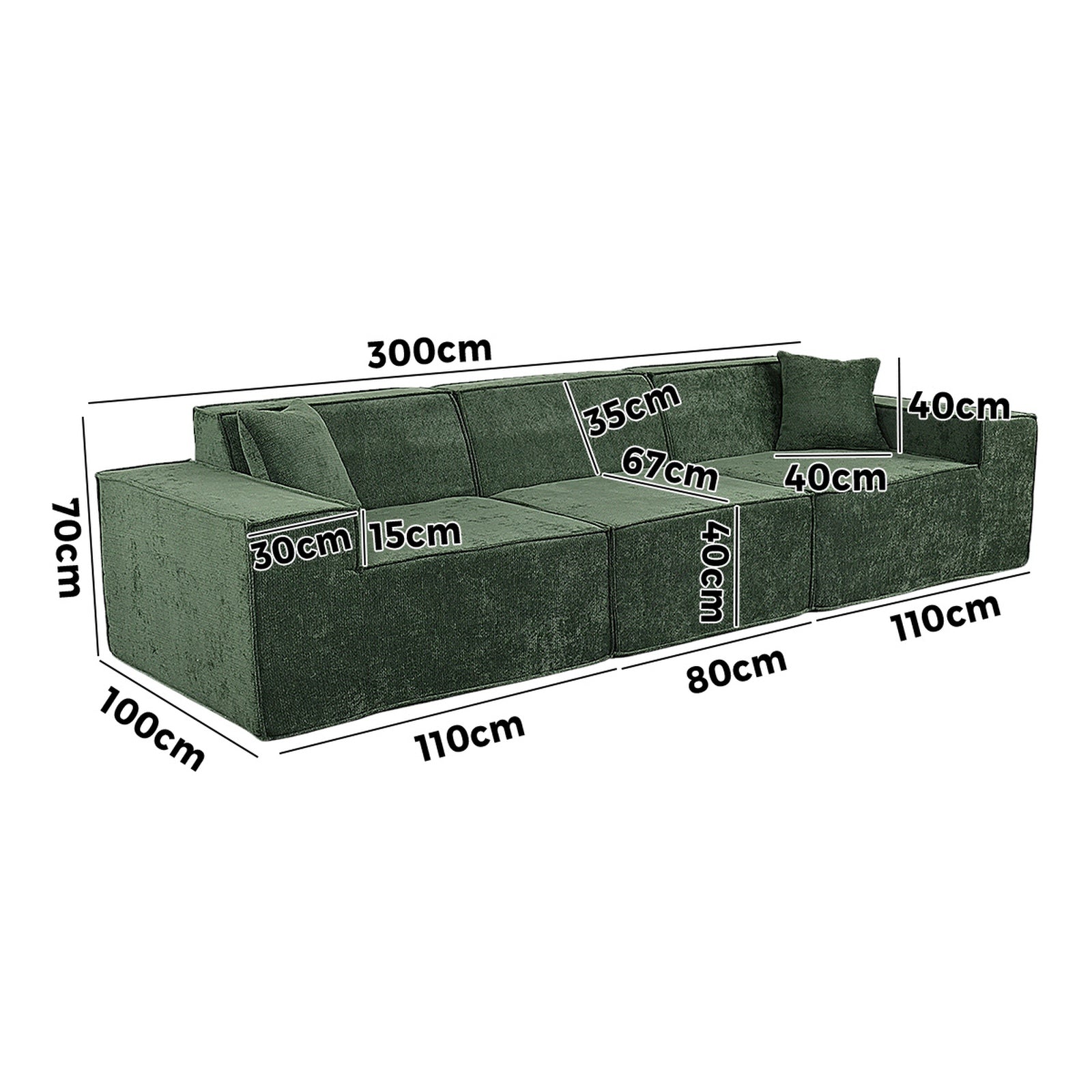 Oikiture 300 cm Modular Sofa Compressed Convertible Couch Lounge Chenille Green