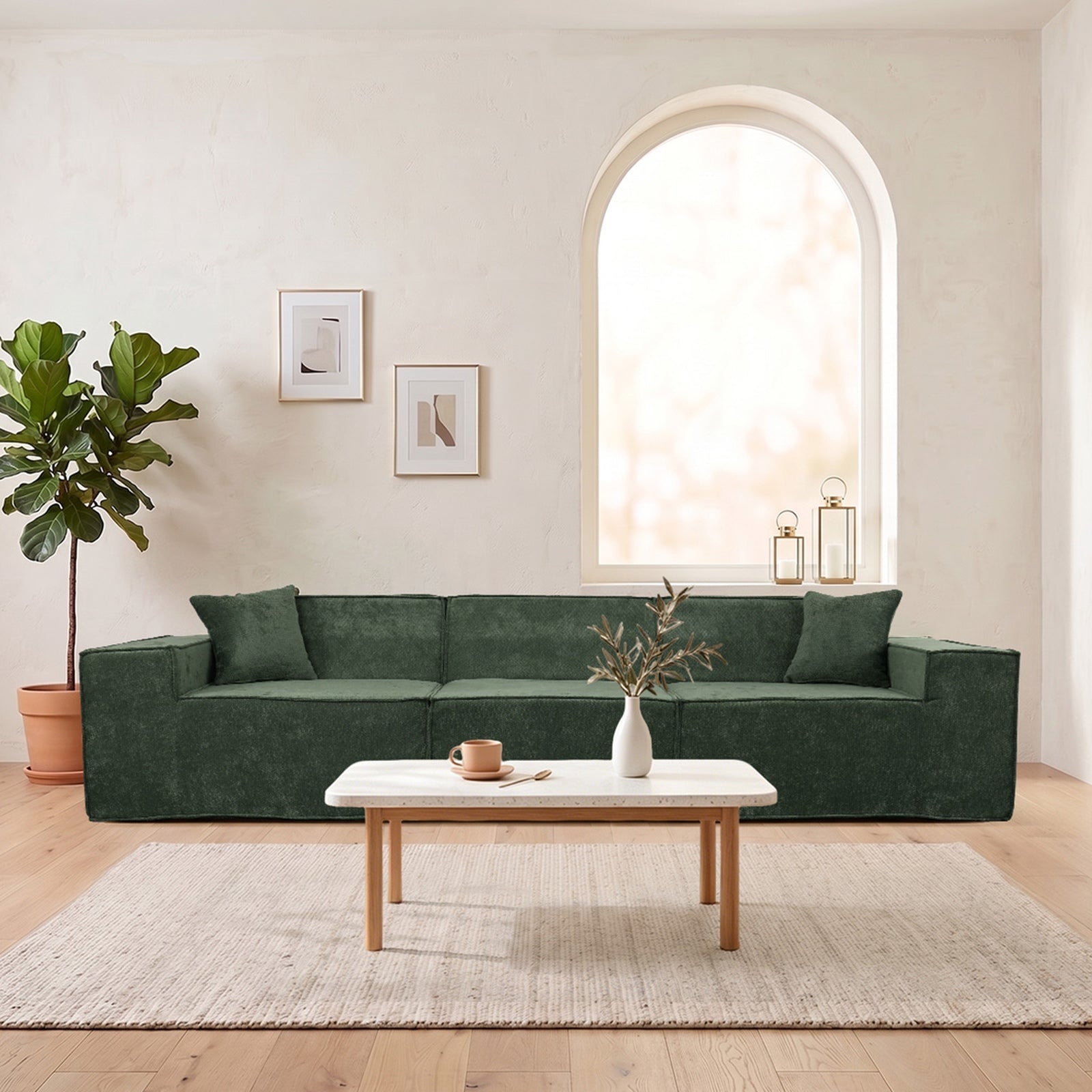 Oikiture 300 cm Modular Sofa Compressed Convertible Couch Lounge Chenille Green