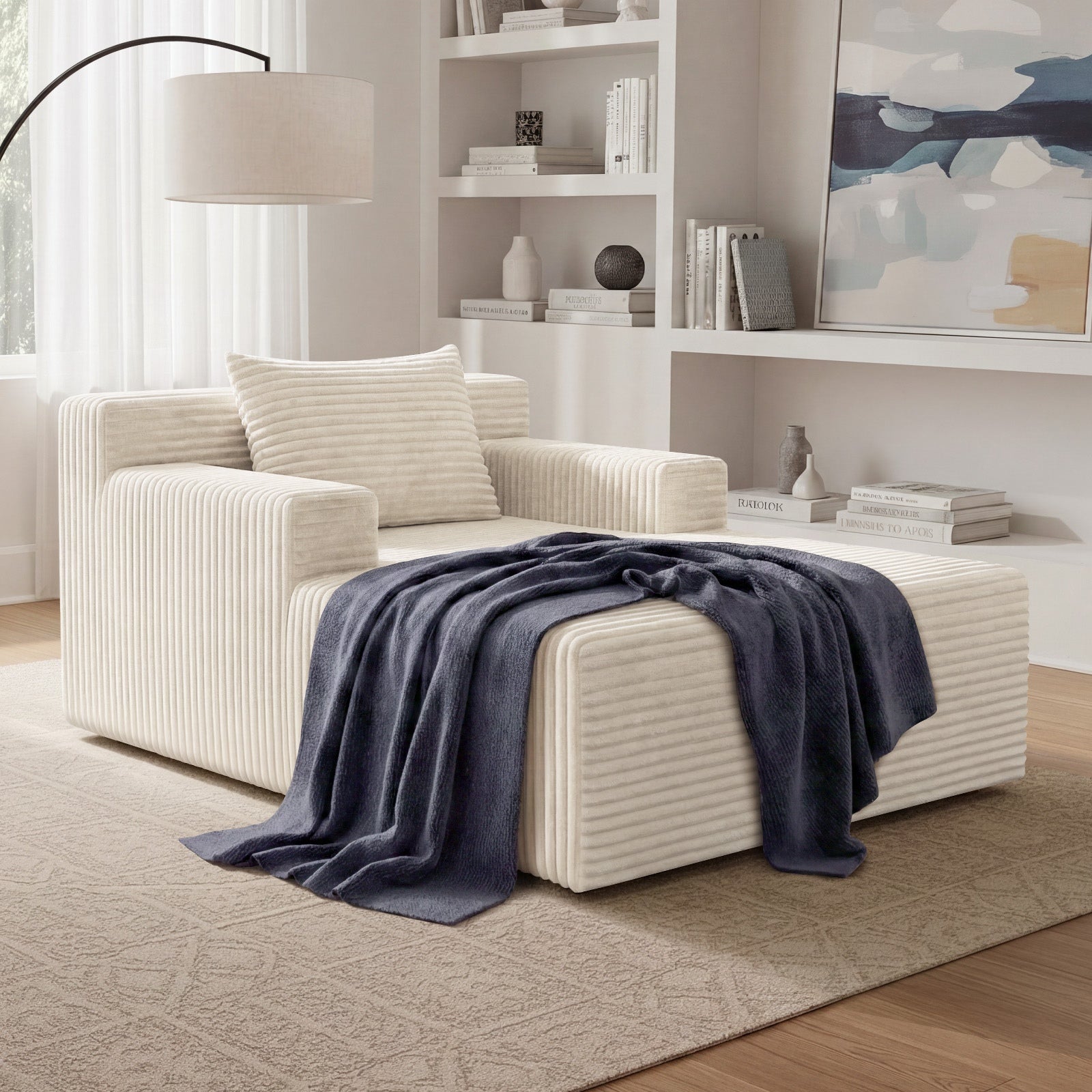 Oikiture Compressed Chaise Chair Corduroy Single Sofa Couch Comfy Lounger Beige