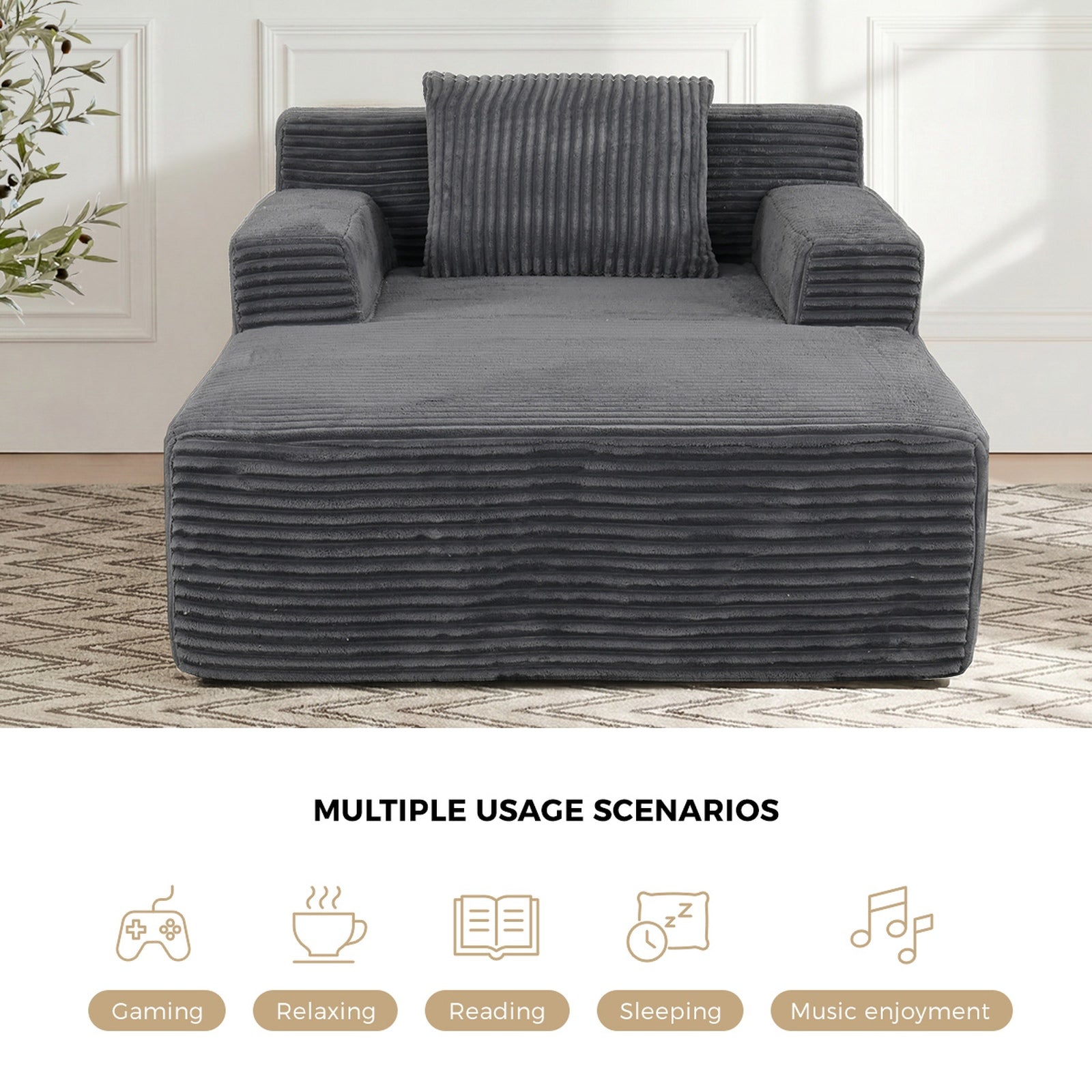 Oikiture Compressed Chaise Chair Corduroy Single Sofa Couch Comfy Lounger Grey