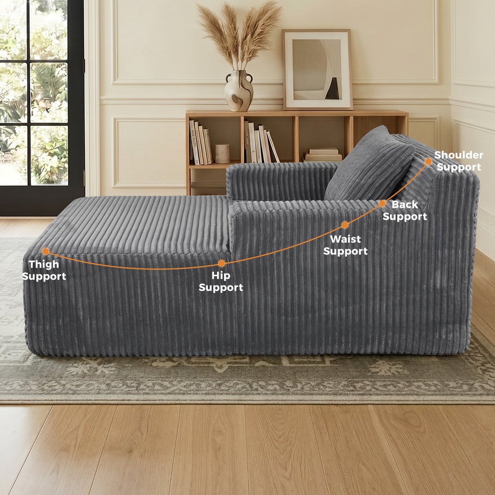 Oikiture Compressed Chaise Chair Corduroy Single Sofa Couch Comfy Lounger Grey