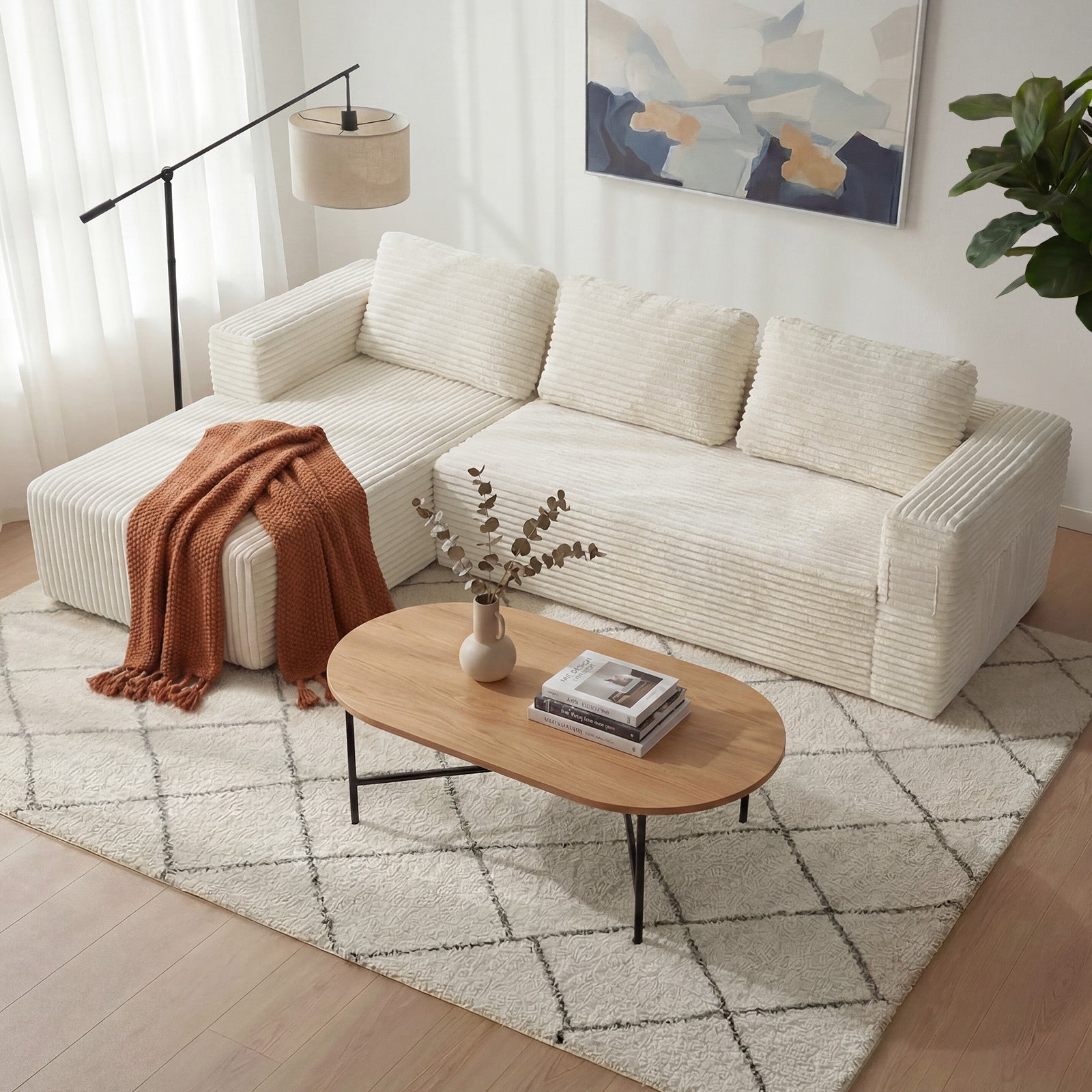 Oikiture L Shape Compressed Sofa Cloud Couch Chaise Lounge Corduroy Beige