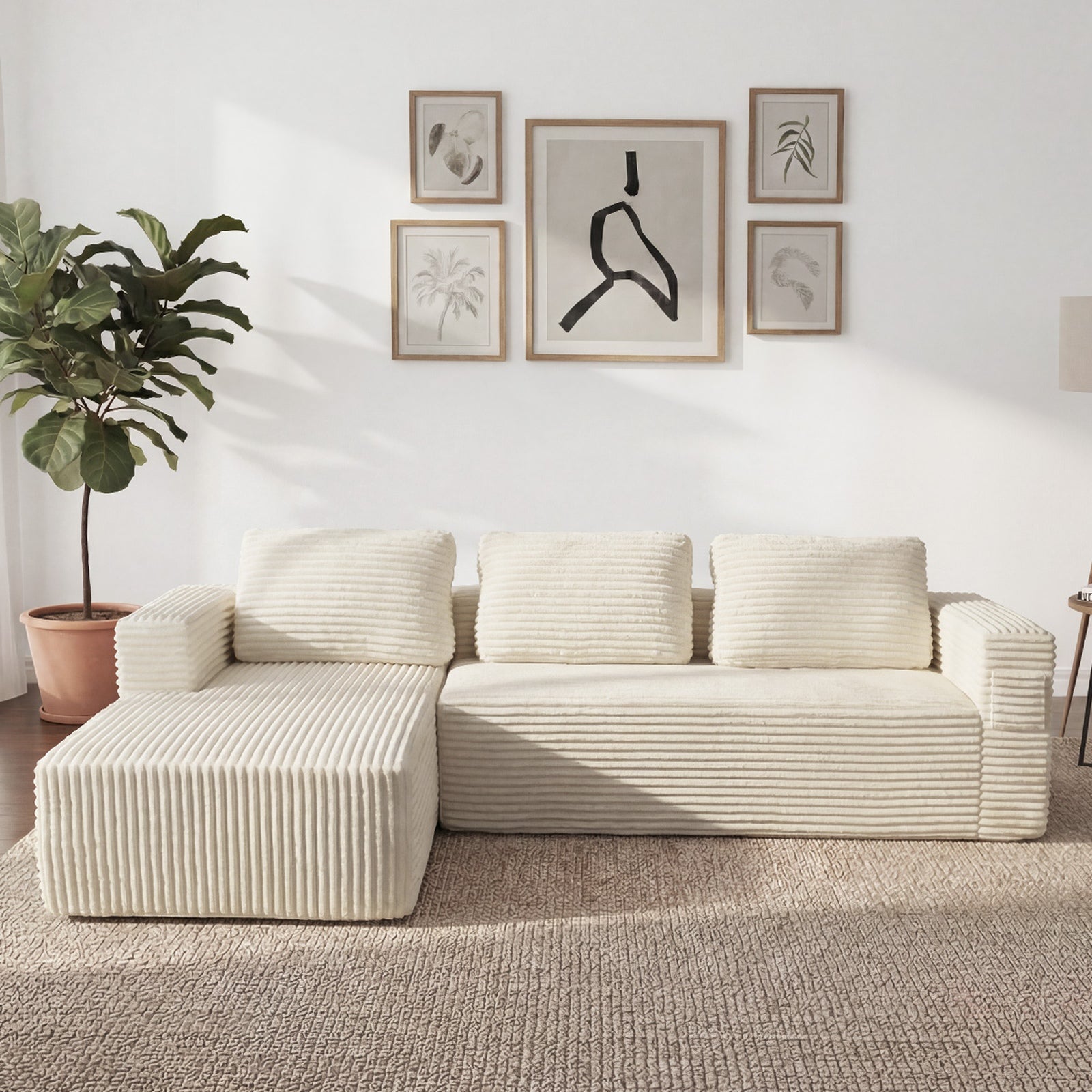Oikiture L Shape Compressed Sofa Cloud Couch Chaise Lounge Corduroy Beige