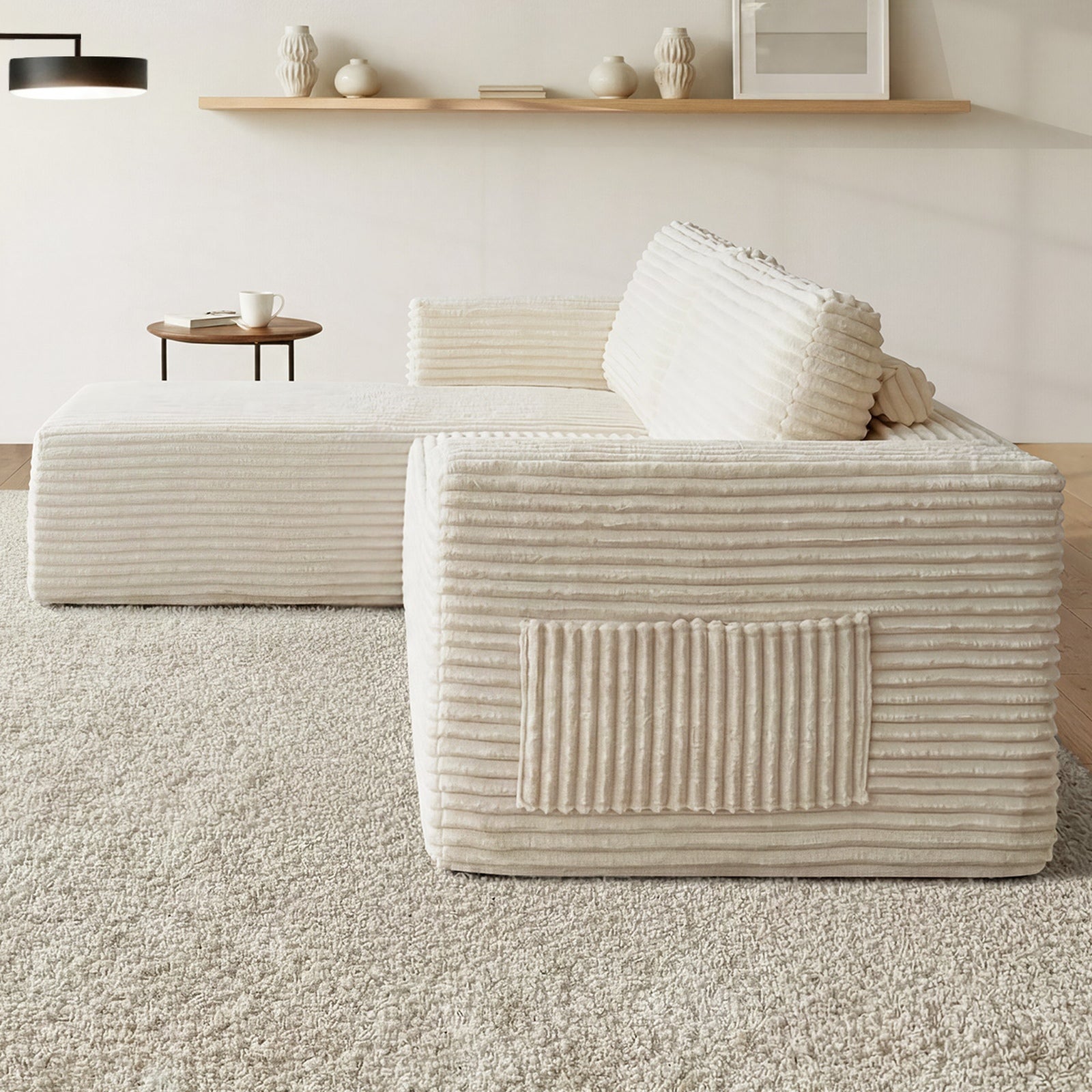Oikiture L Shape Compressed Sofa Cloud Couch Chaise Lounge Corduroy Beige