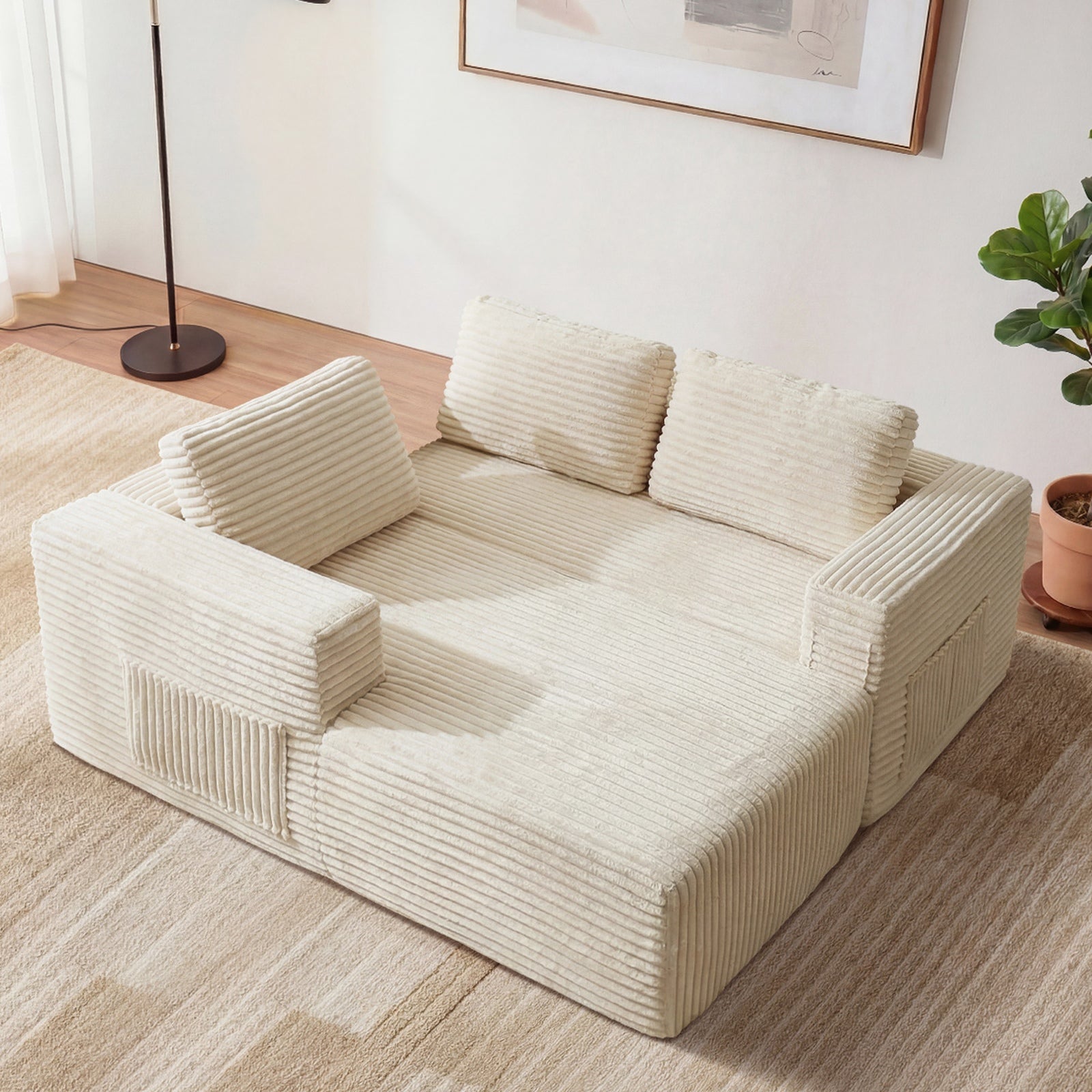 Oikiture L Shape Compressed Sofa Cloud Couch Chaise Lounge Corduroy Beige