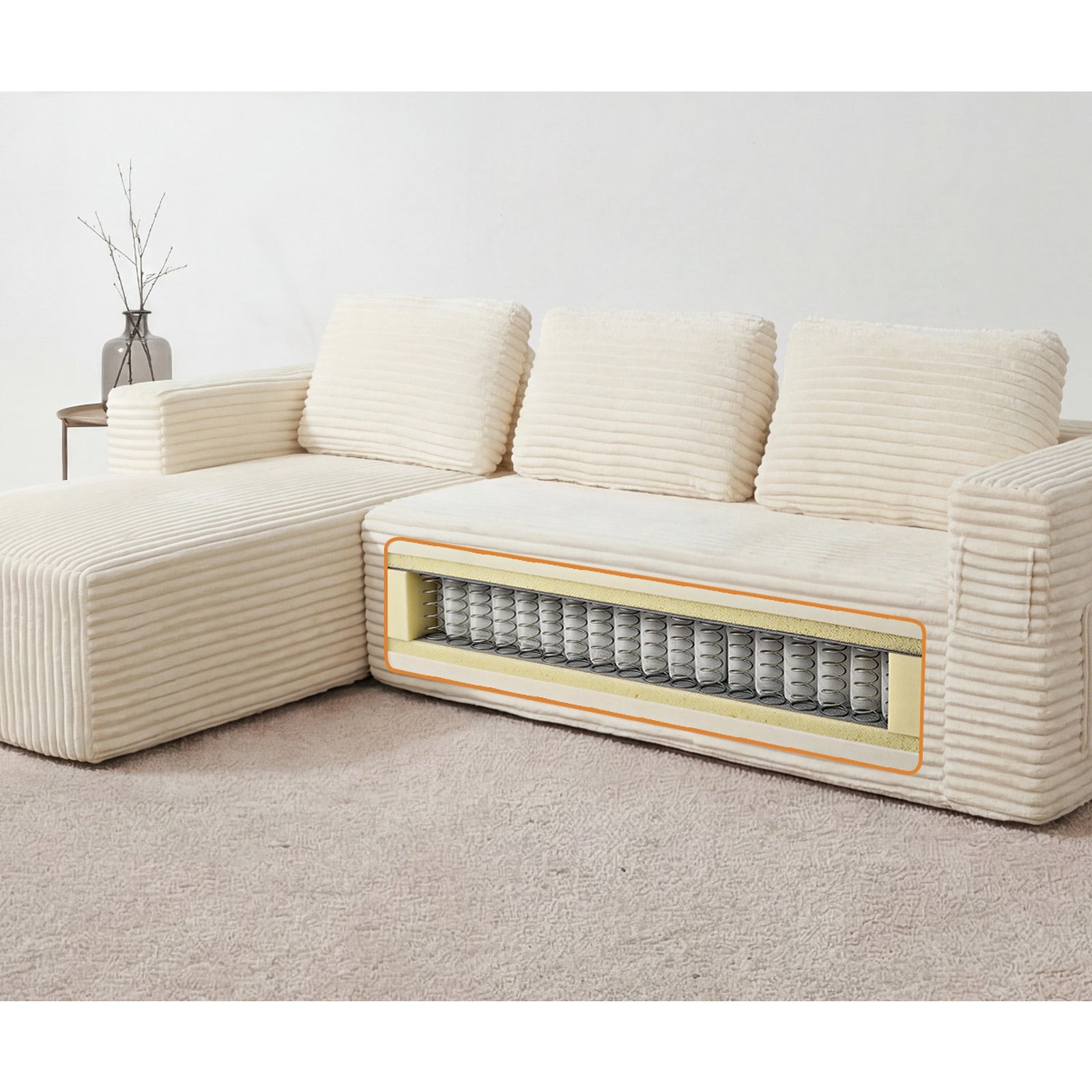 Oikiture L Shape Compressed Sofa Cloud Couch Chaise Lounge Corduroy Beige