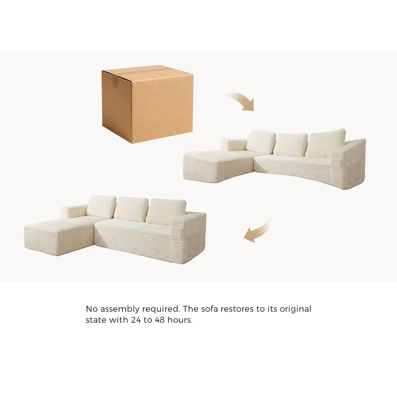 Oikiture L Shape Compressed Sofa Cloud Couch Chaise Lounge Corduroy Beige