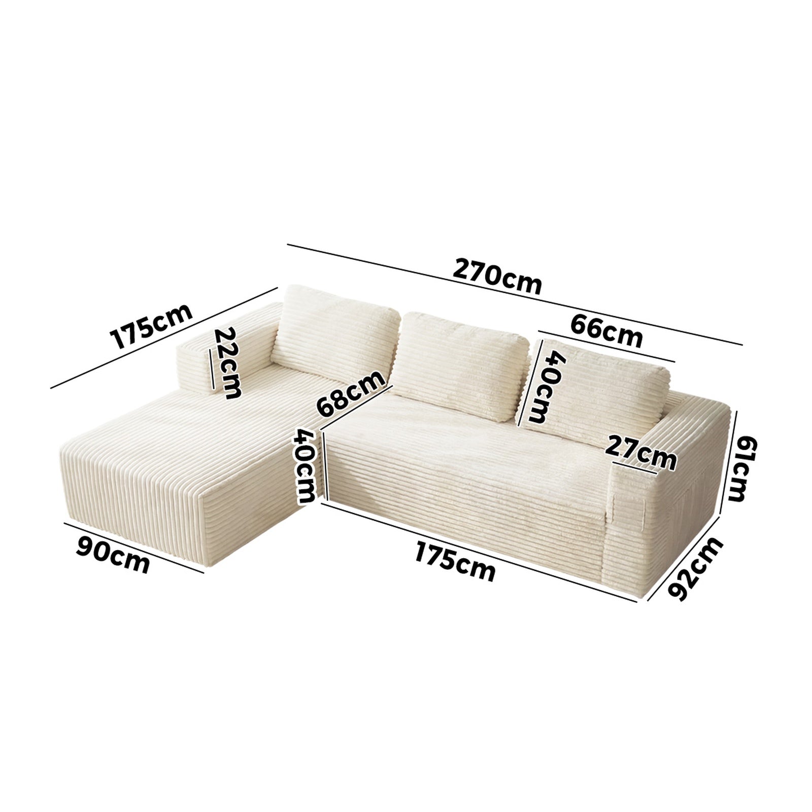 Oikiture L Shape Compressed Sofa Cloud Couch Chaise Lounge Corduroy Beige