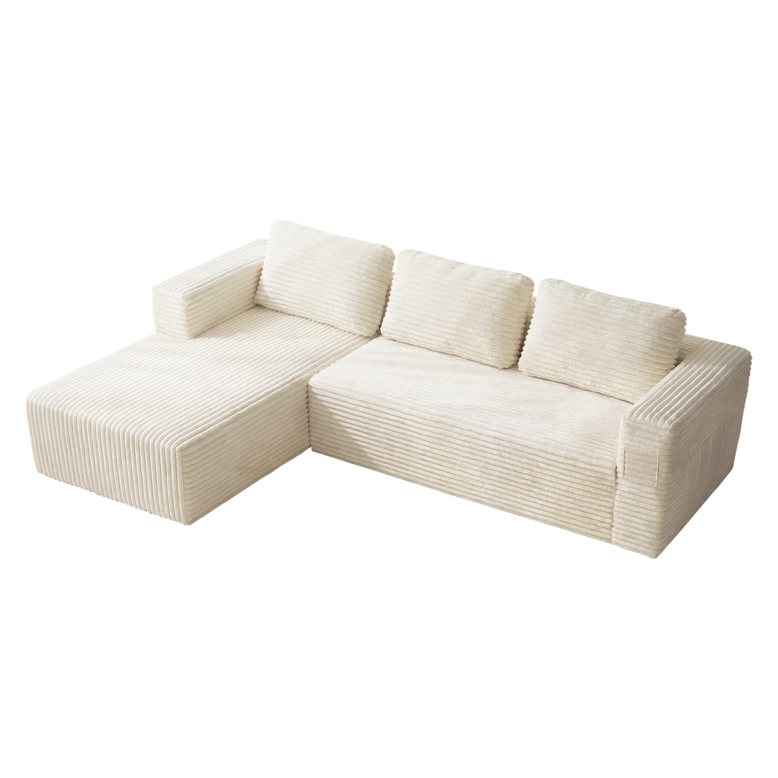 Oikiture L Shape Compressed Sofa Cloud Couch Chaise Lounge Corduroy Beige