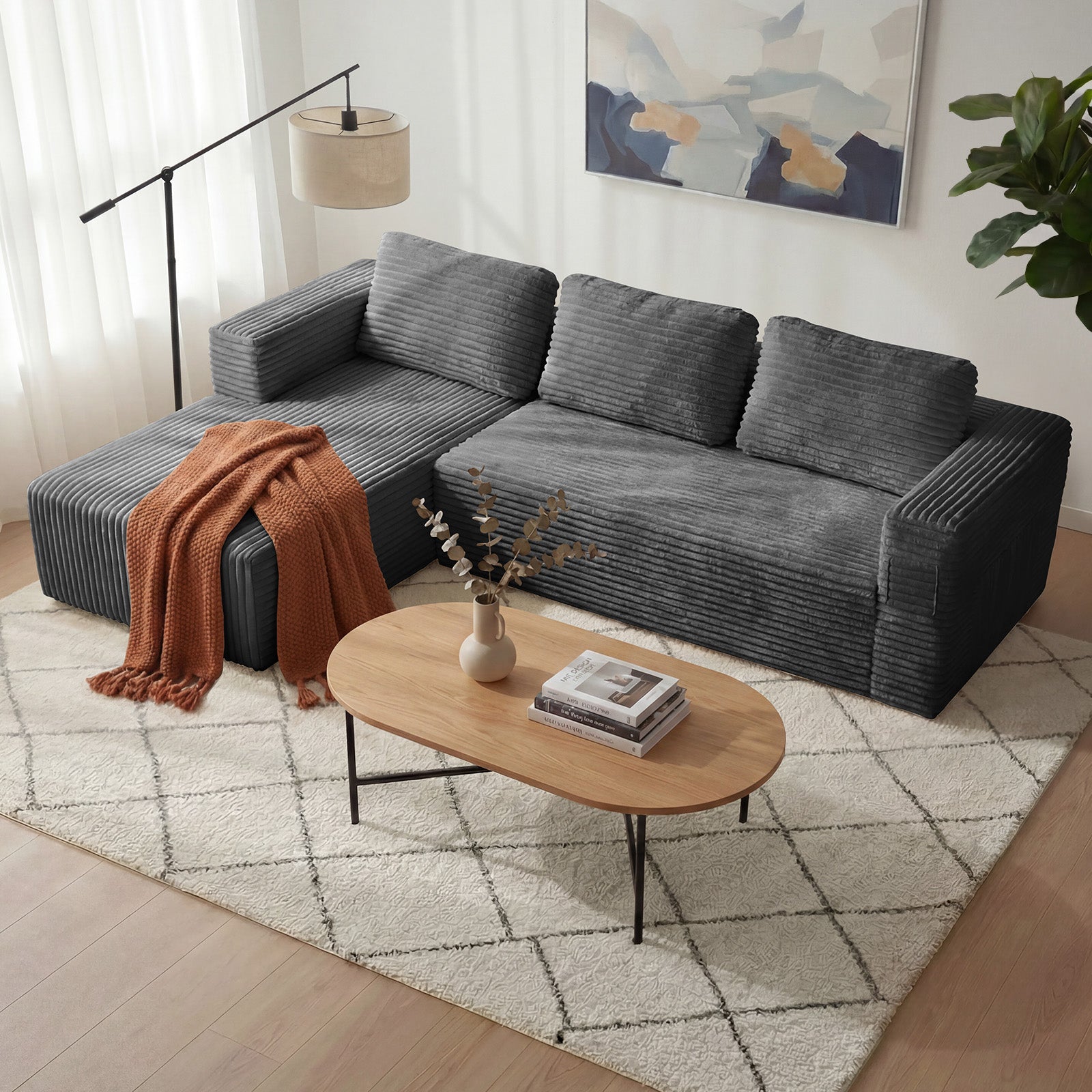 Oikiture Modular L Shape Compressed Sofa Cloud Couch Chaise Lounge Corduroy Grey