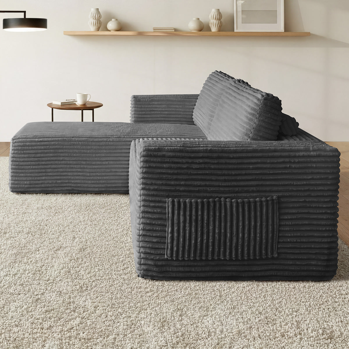 Oikiture Modular L Shape Compressed Sofa Cloud Couch Chaise Lounge Corduroy Grey