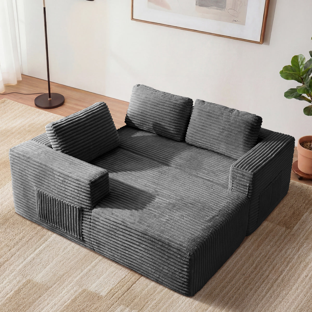 Oikiture Modular L Shape Compressed Sofa Cloud Couch Chaise Lounge Corduroy Grey