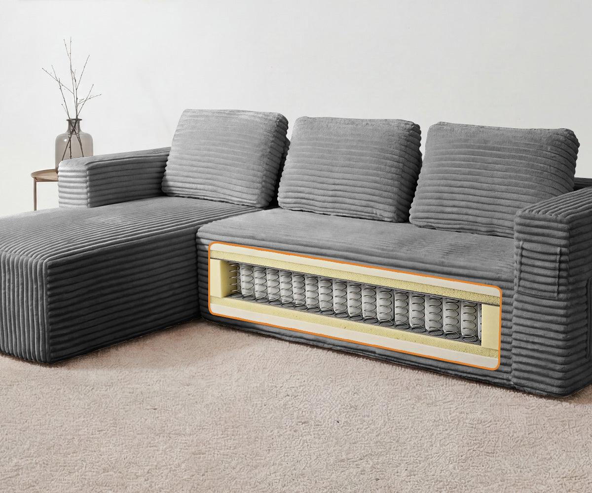 Oikiture Modular L Shape Compressed Sofa Cloud Couch Chaise Lounge Corduroy Grey