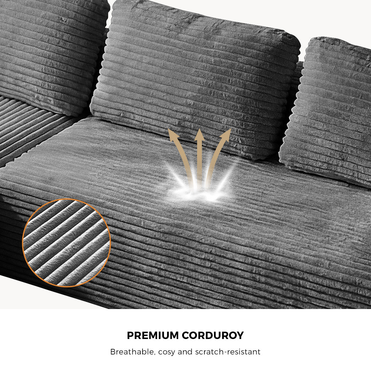 Oikiture Modular L Shape Compressed Sofa Cloud Couch Chaise Lounge Corduroy Grey