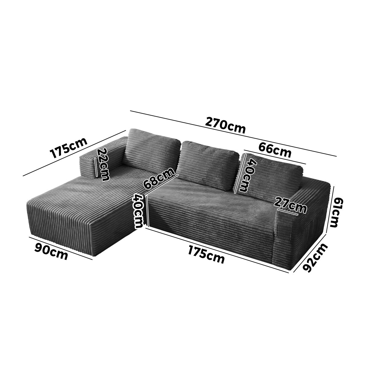 Oikiture Modular L Shape Compressed Sofa Cloud Couch Chaise Lounge Corduroy Grey