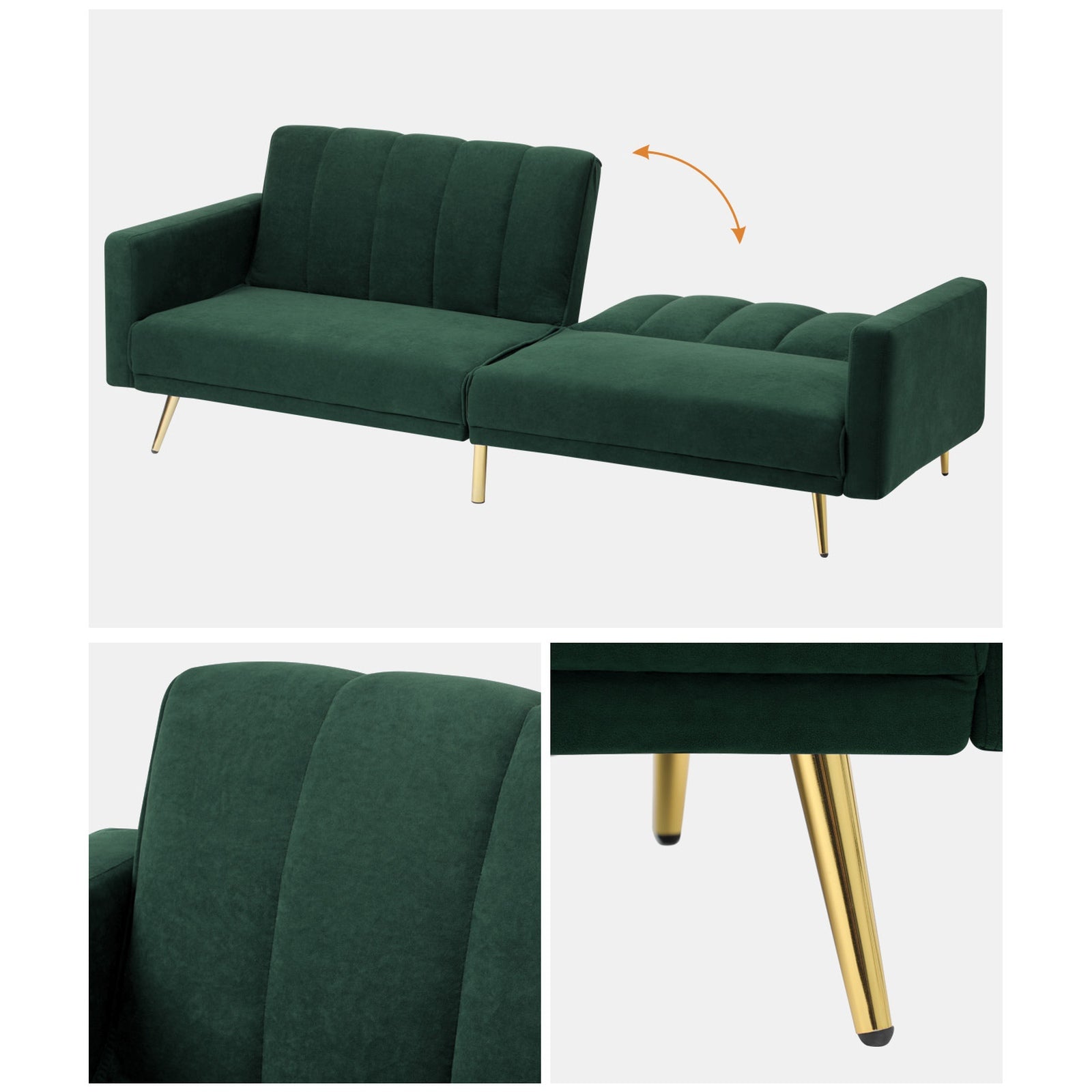 Oikiture 3 Seater Sofa Bed Couch Convertible Lounge Recliner Beds Velvet Green - Sunyee