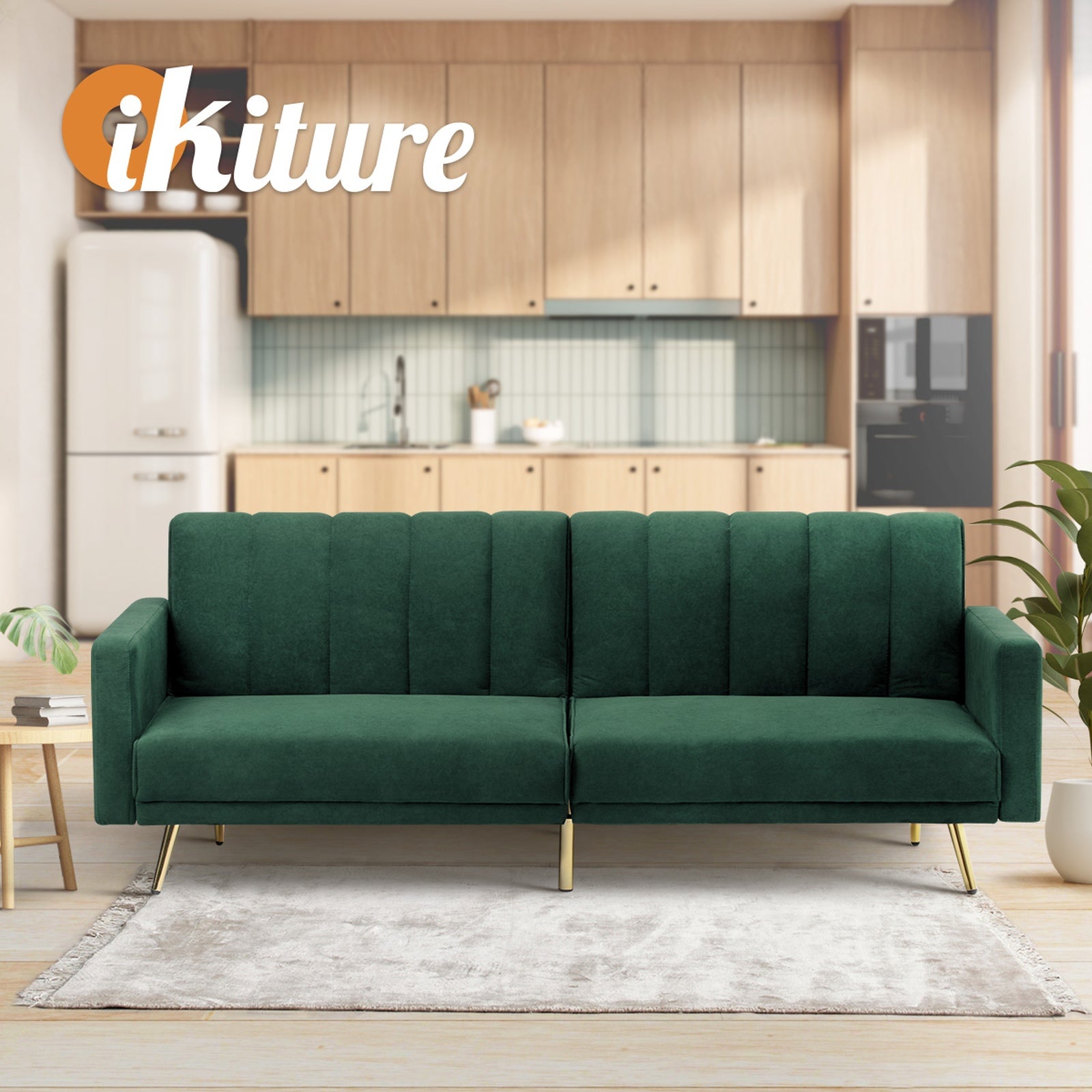 Oikiture 3 Seater Sofa Bed Couch Convertible Lounge Recliner Beds Velvet Green - Sunyee