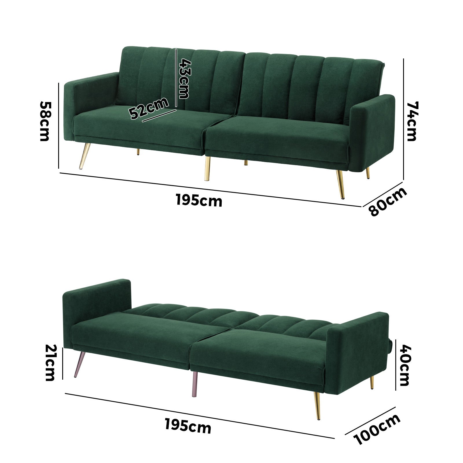 Oikiture 3 Seater Sofa Bed Couch Convertible Lounge Recliner Beds Velvet Green - Sunyee