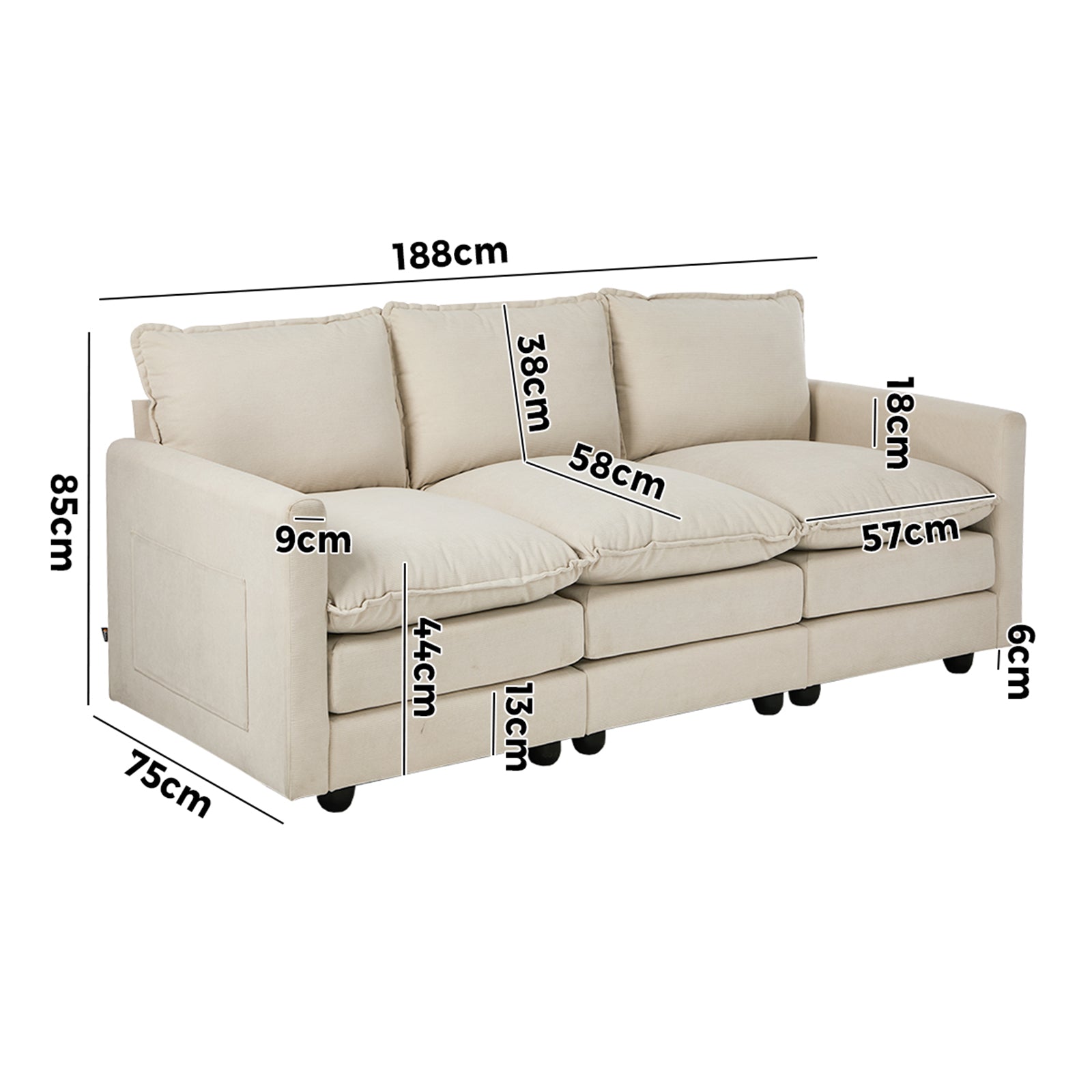 Oikiture 3 Seater Sofa Couch Lounge Extra Thick Cushion Futon Corduroy Beige - Sunyee