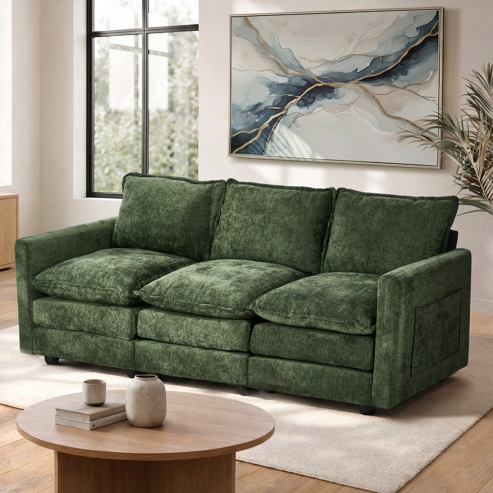 Oikiture Modular 3 Seater Sofa Comfy Deep Cushion Lounge Couch Chenille Green