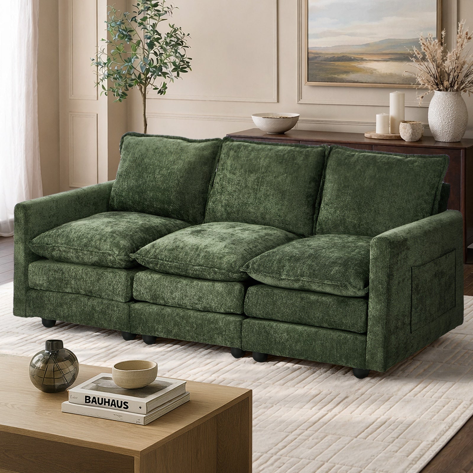 Oikiture Modular 3 Seater Sofa Comfy Deep Cushion Lounge Couch Chenille Green