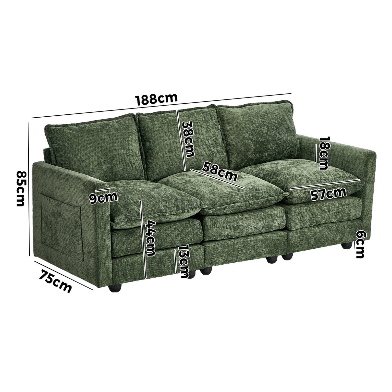 Oikiture Modular 3 Seater Sofa Comfy Deep Cushion Lounge Couch Chenille Green