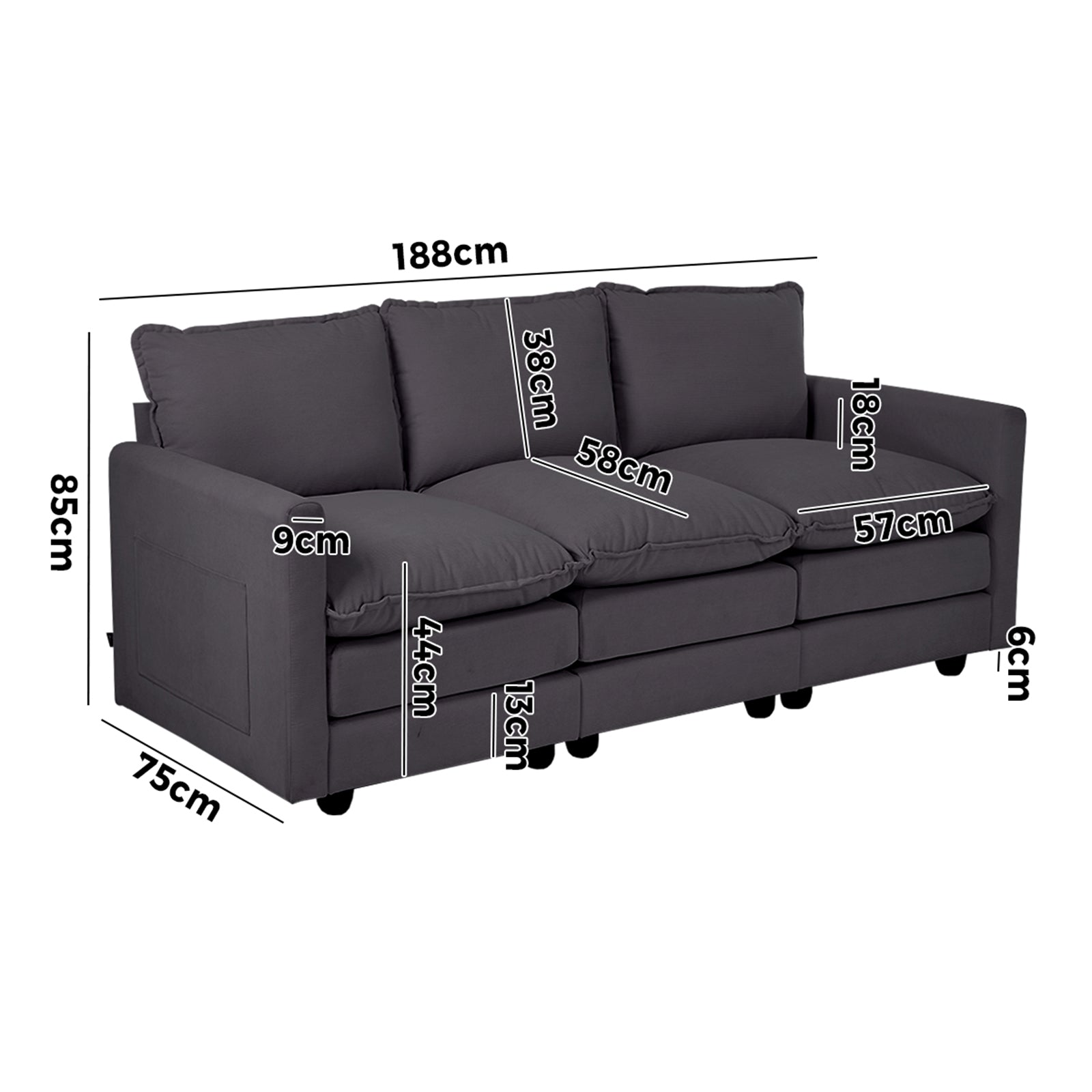 Oikiture 3 Seater Sofa Couch Lounge Extra Thick Cushion Futon Corduroy Grey - Sunyee