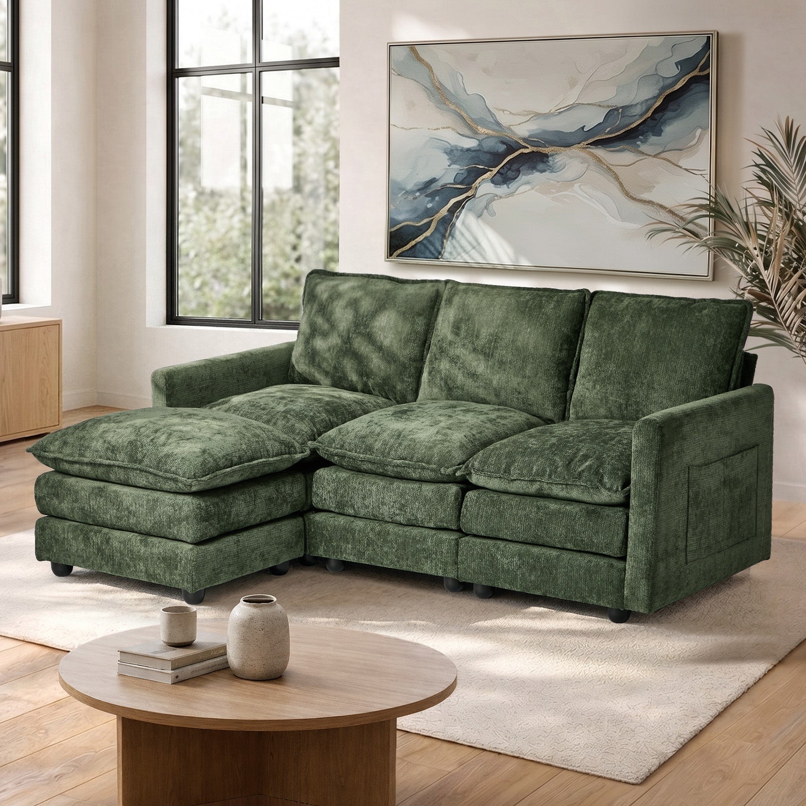 Oikiture Modular Sectional Sofa L-Shaped 3 Seater Couch Ottoman Chenille Green