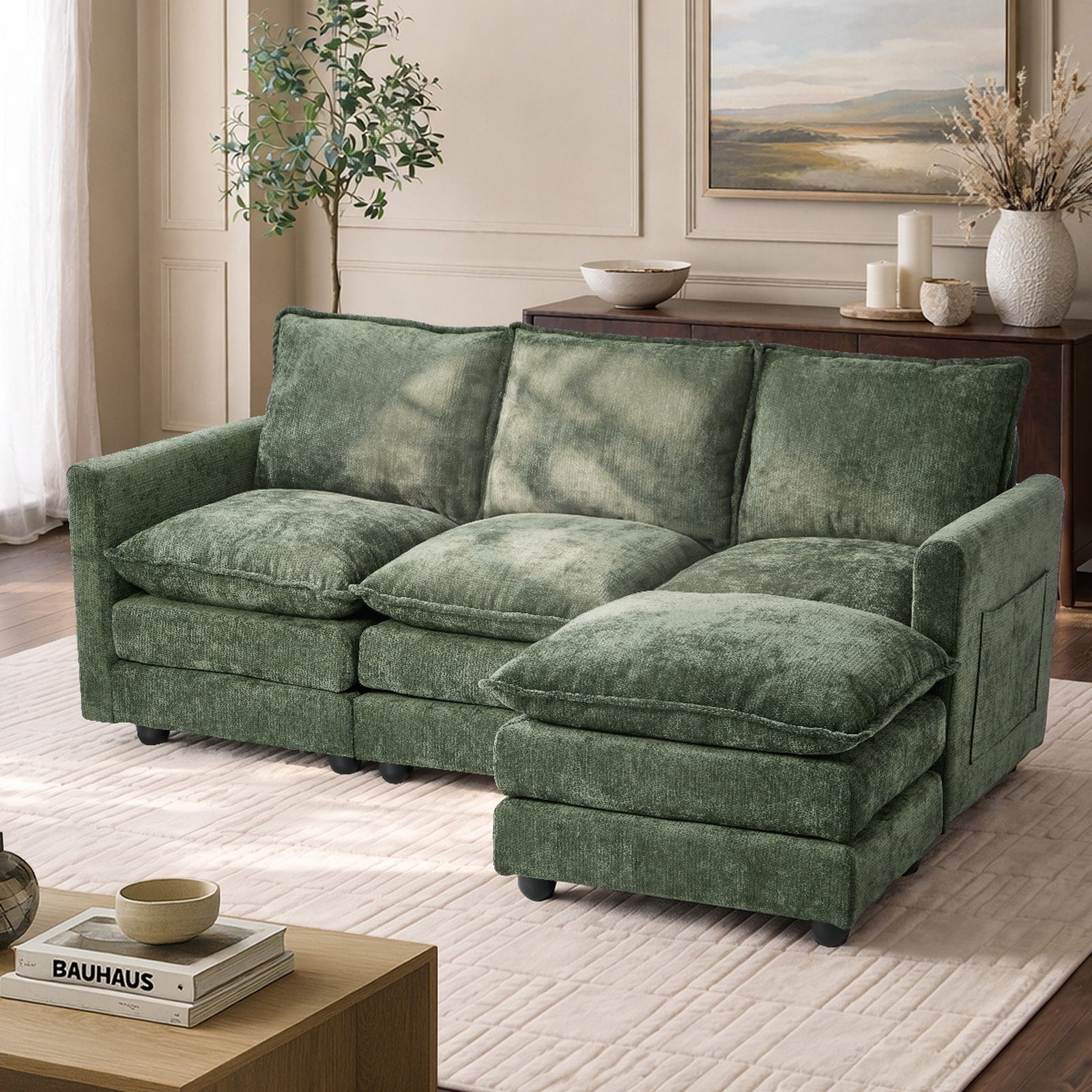 Oikiture Modular Sectional Sofa L-Shaped 3 Seater Couch Ottoman Chenille Green