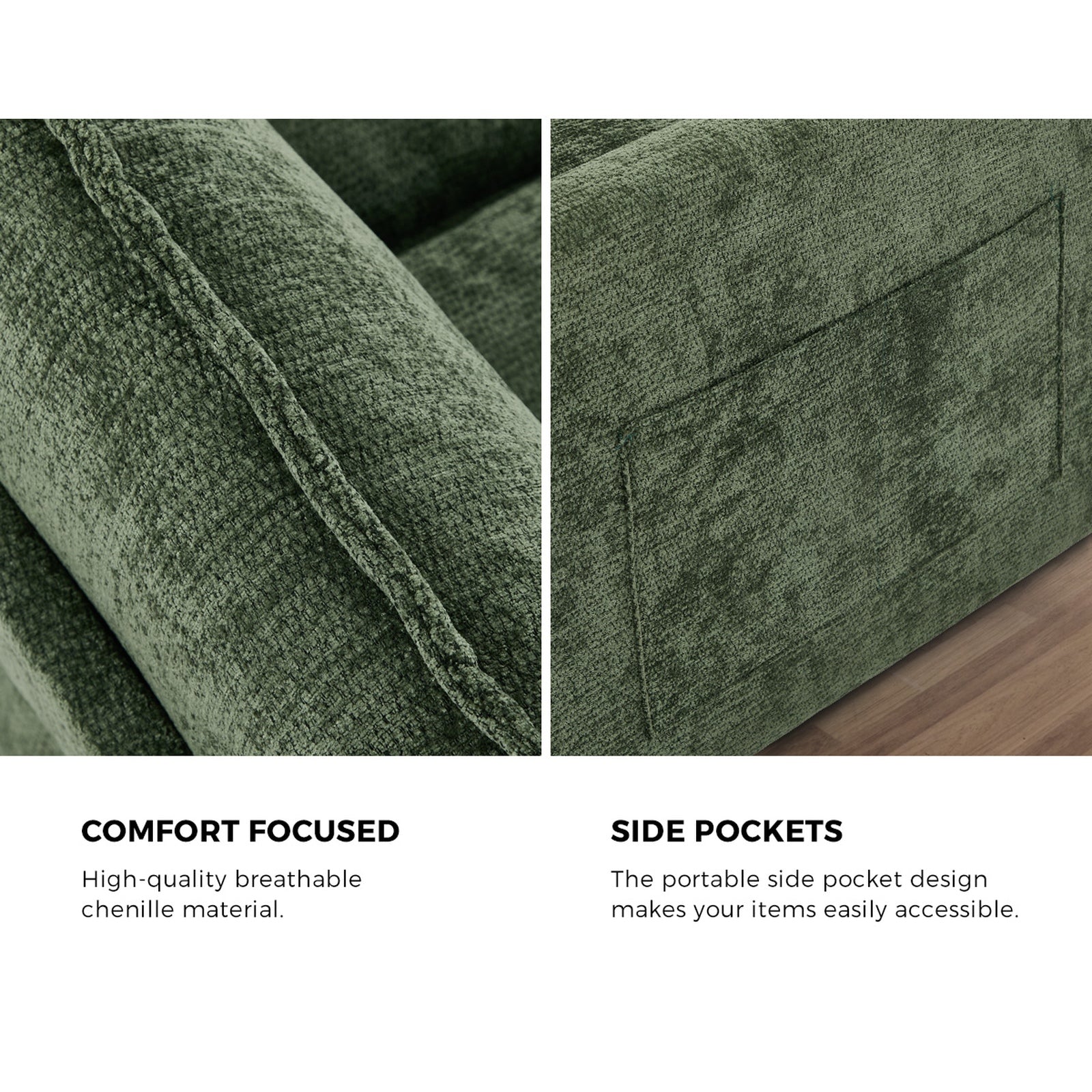 Oikiture Modular Sectional Sofa L-Shaped 3 Seater Couch Ottoman Chenille Green