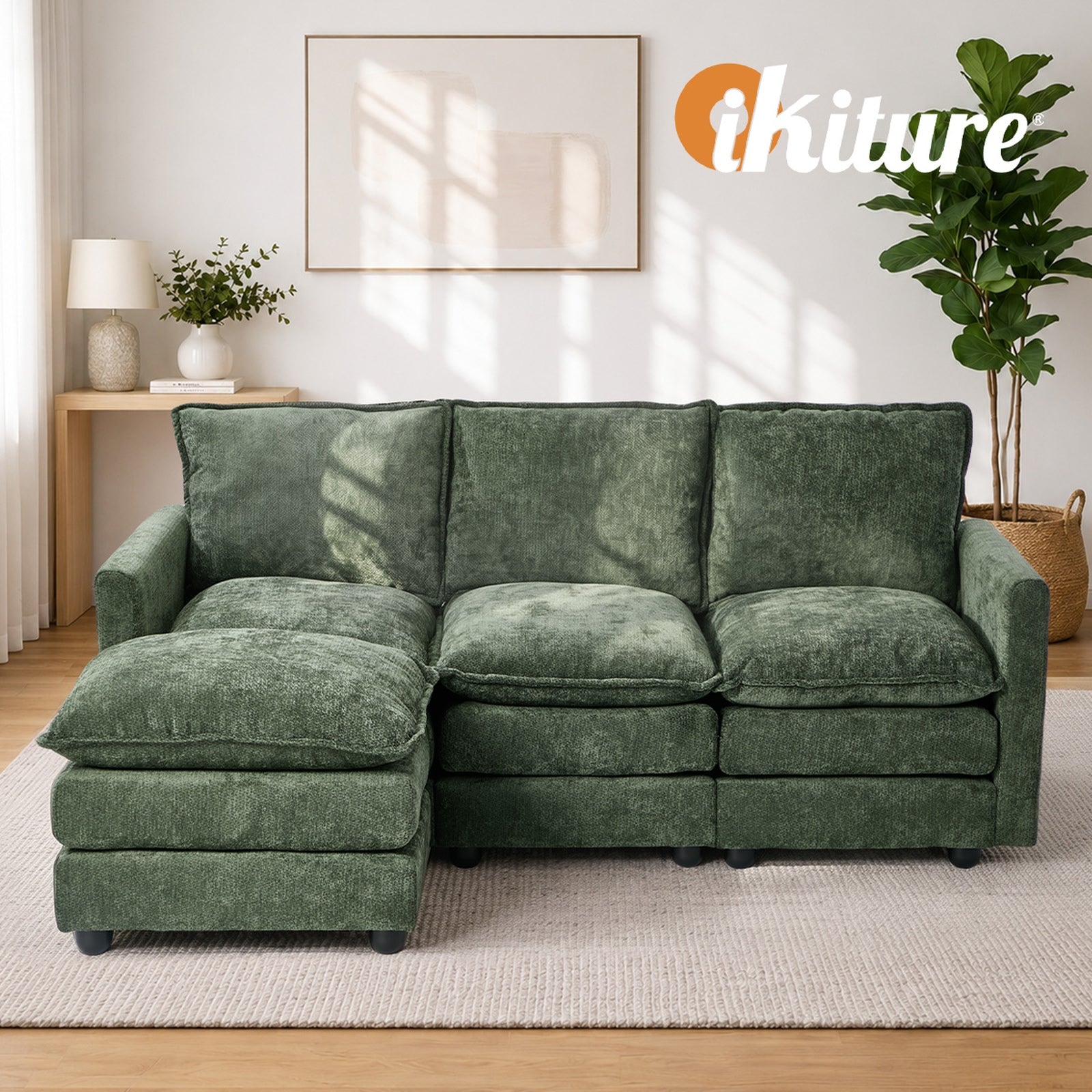 Oikiture Modular Sectional Sofa L-Shaped 3 Seater Couch Ottoman Chenille Green