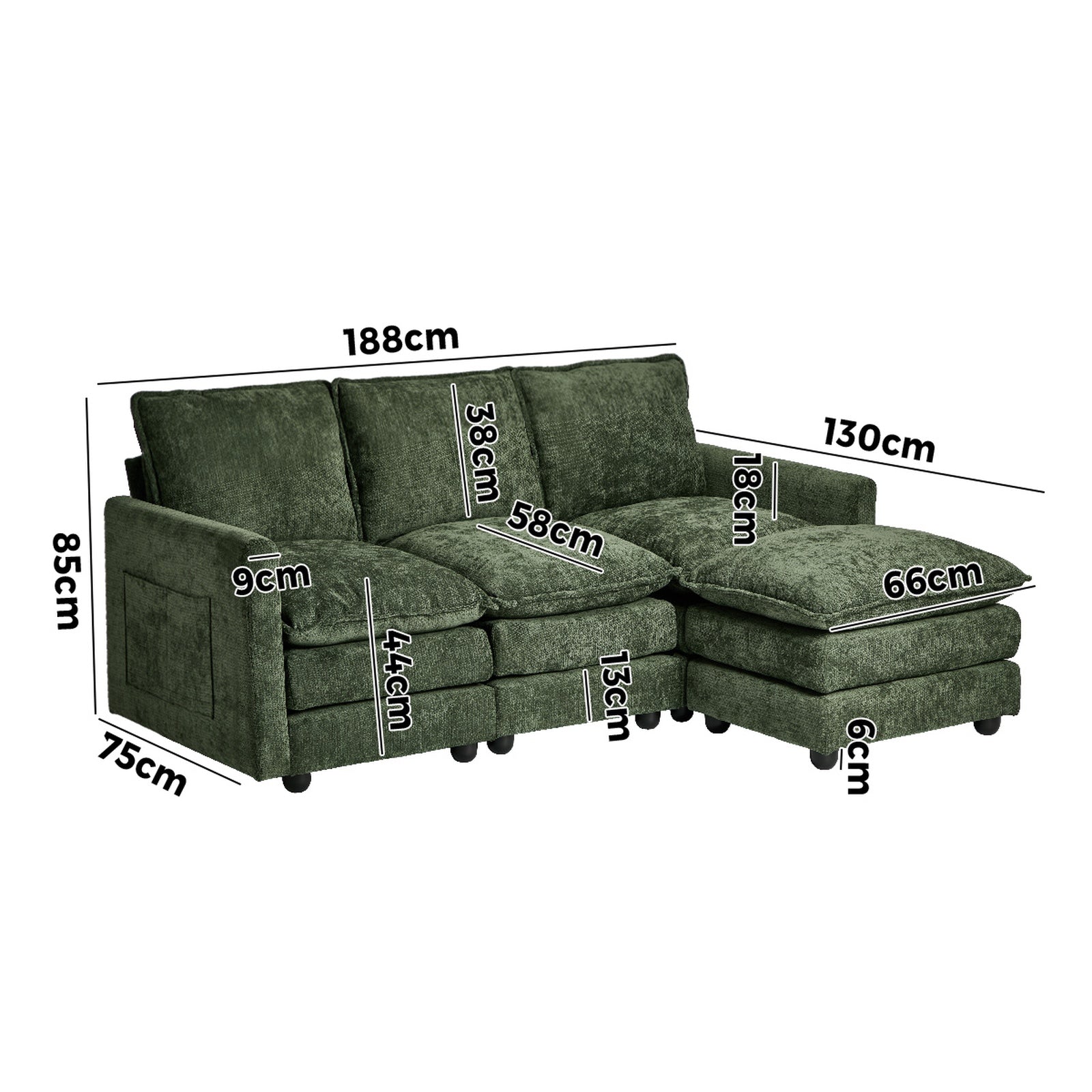 Oikiture Modular Sectional Sofa L-Shaped 3 Seater Couch Ottoman Chenille Green