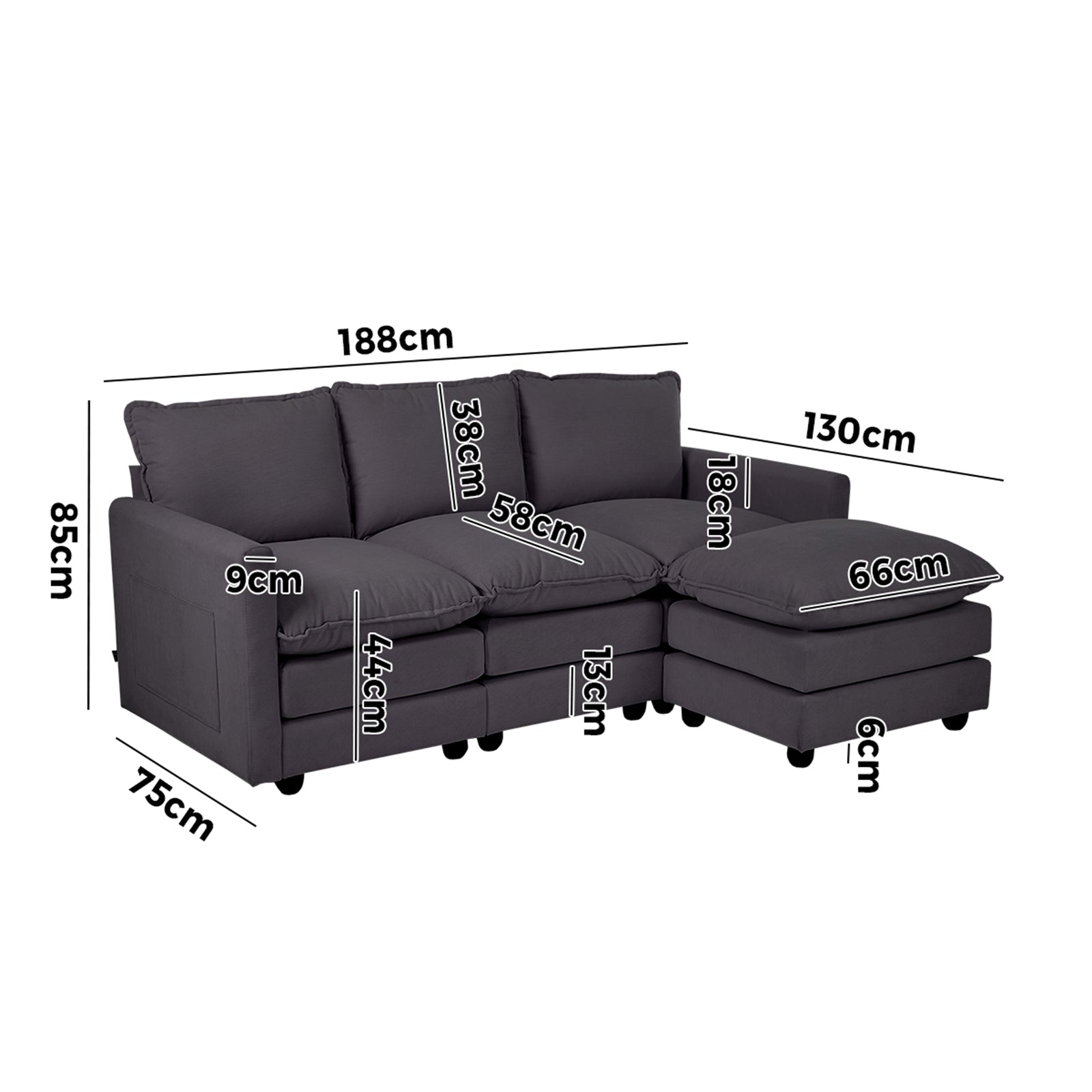 Oikiture Sofa Set Modular Couch Ottoman Lounge Extra Thick Cushion Grey - Sunyee