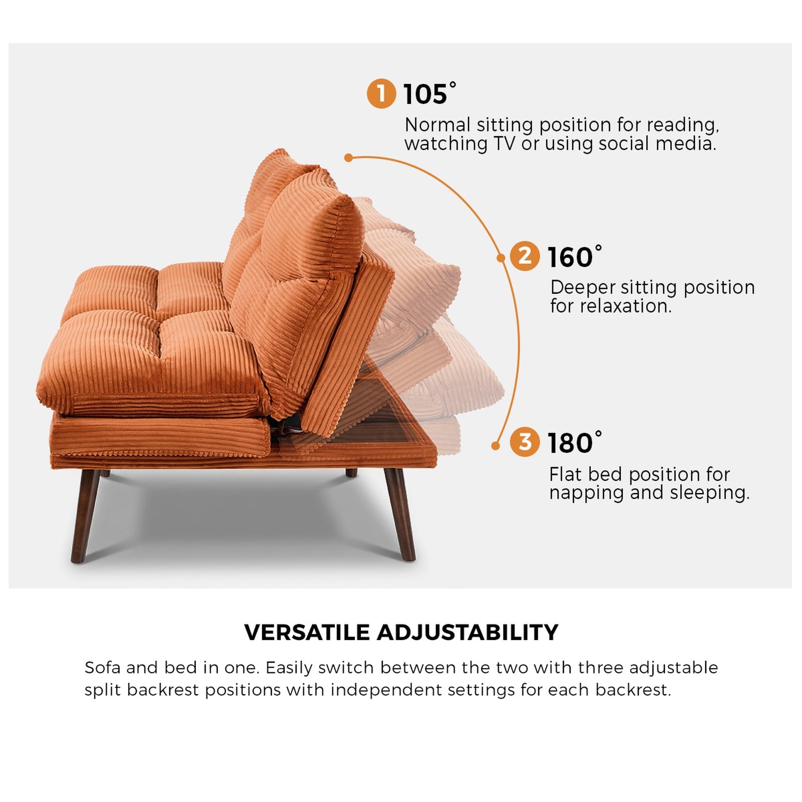 Oikiture Sofa Bed Recliner Lounge Couch Convertible Corduroy Burnt Orange