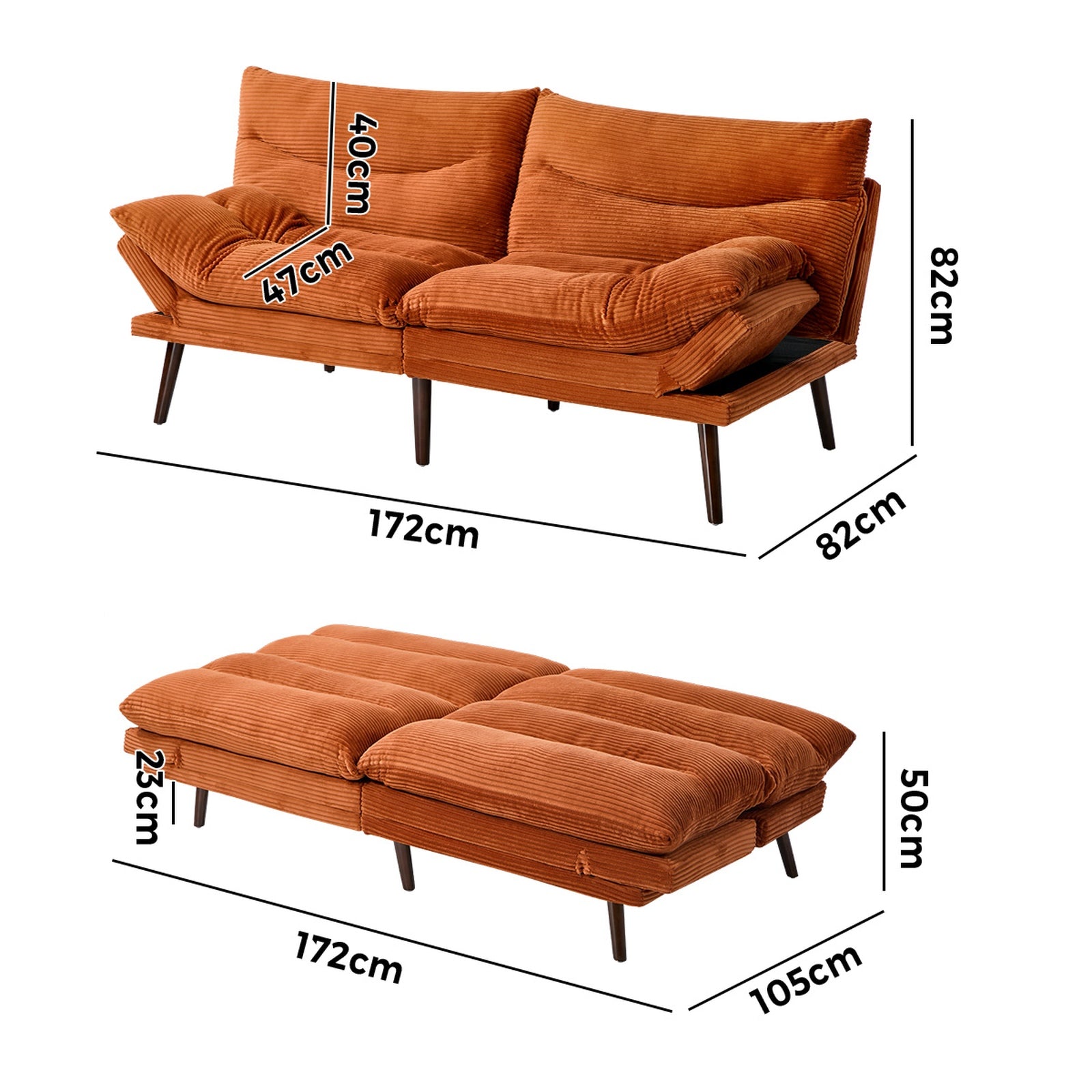 Oikiture Sofa Bed Recliner Lounge Couch Convertible Corduroy Burnt Orange