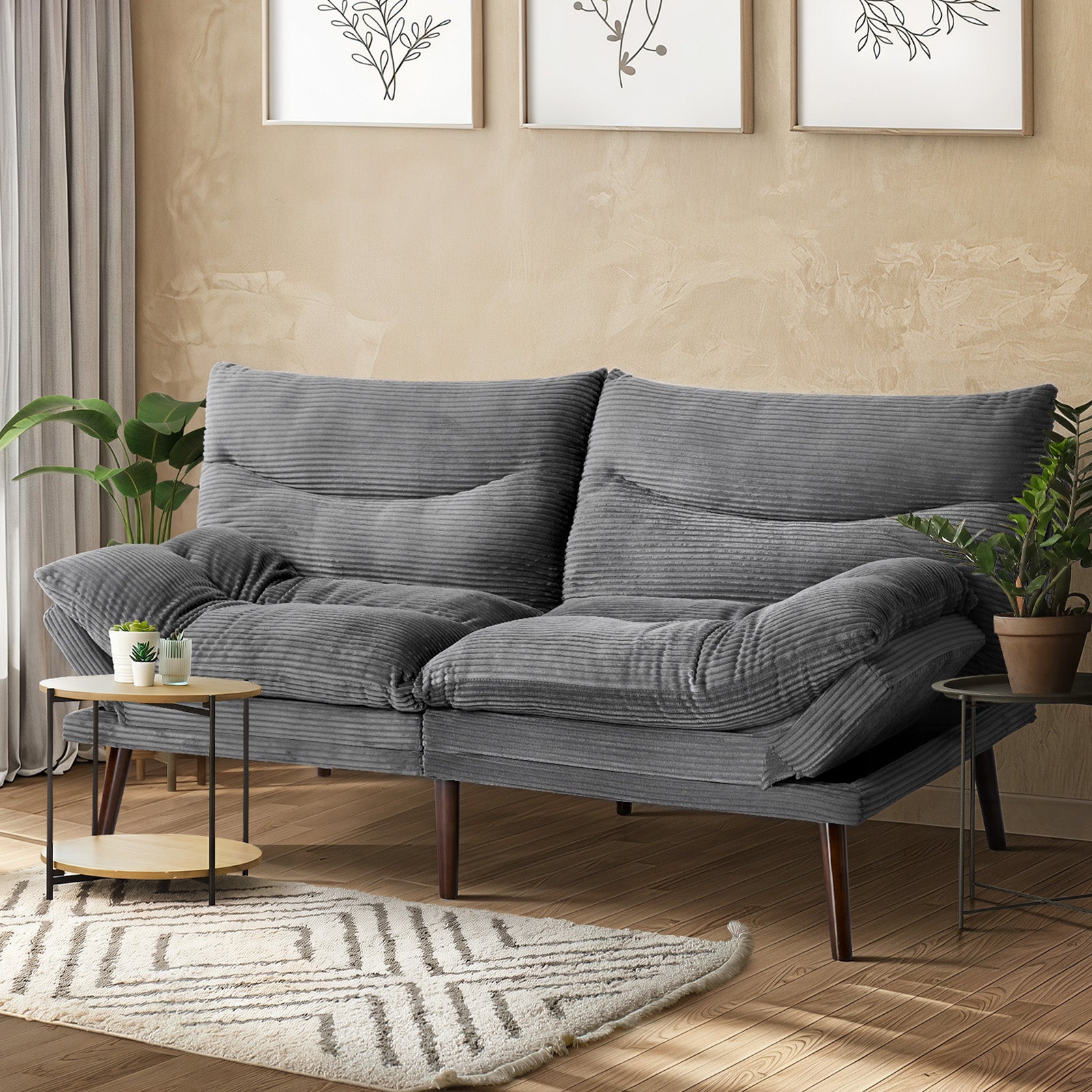 Oikiture 3 Seater Sofa Bed Recliner Lounge Couch Convertible Corduroy Grey
